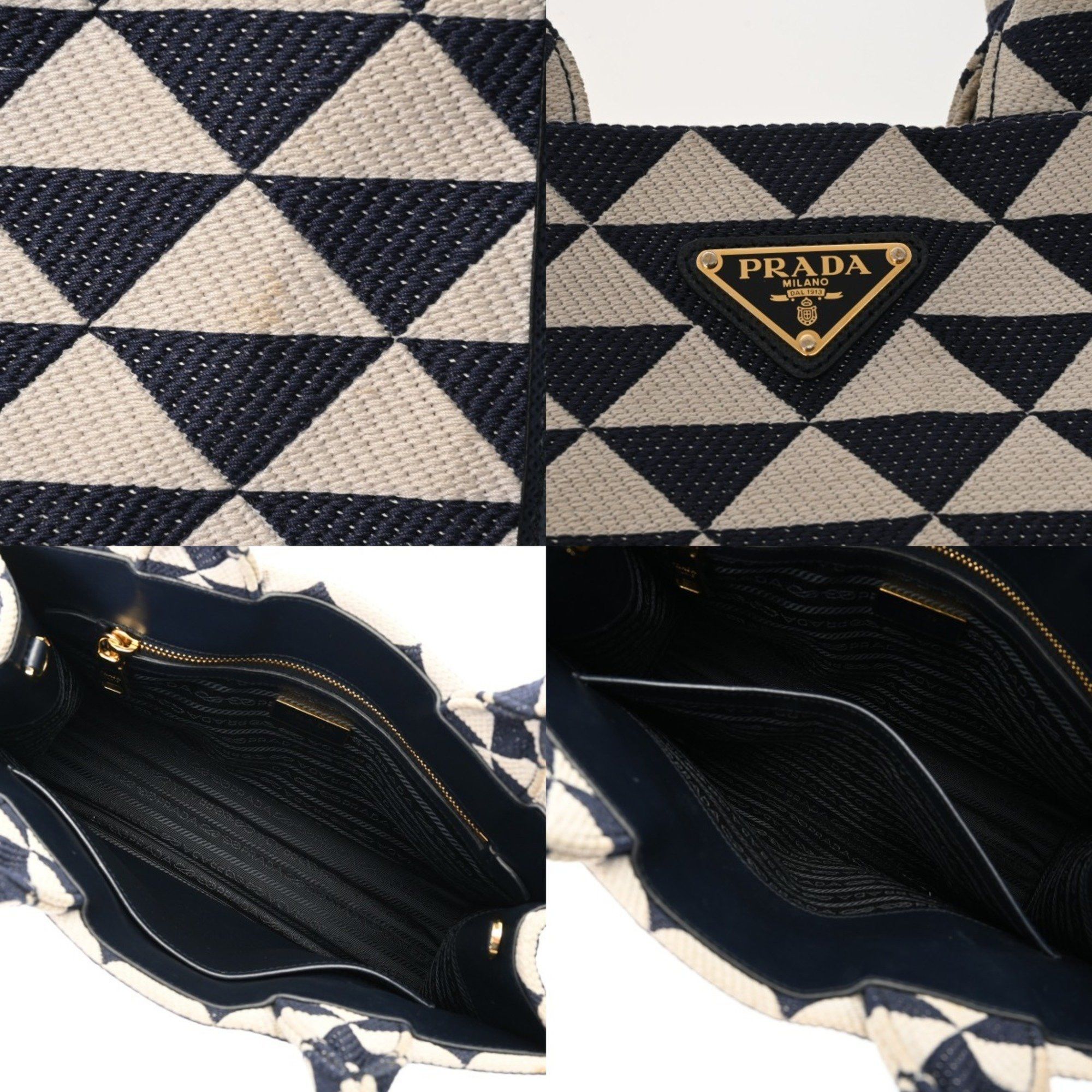 PRADA Triangle Jacquard 2-Way Canvas Tote Bag, Navy/White, 1BA354, Women's
