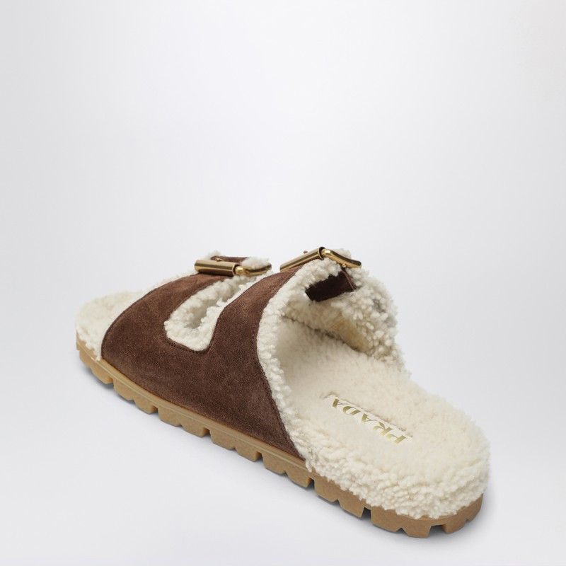 Prada Prada Brown Suede And Shearling Slides Size US 9 / IT 39 - 2 Thumbnail