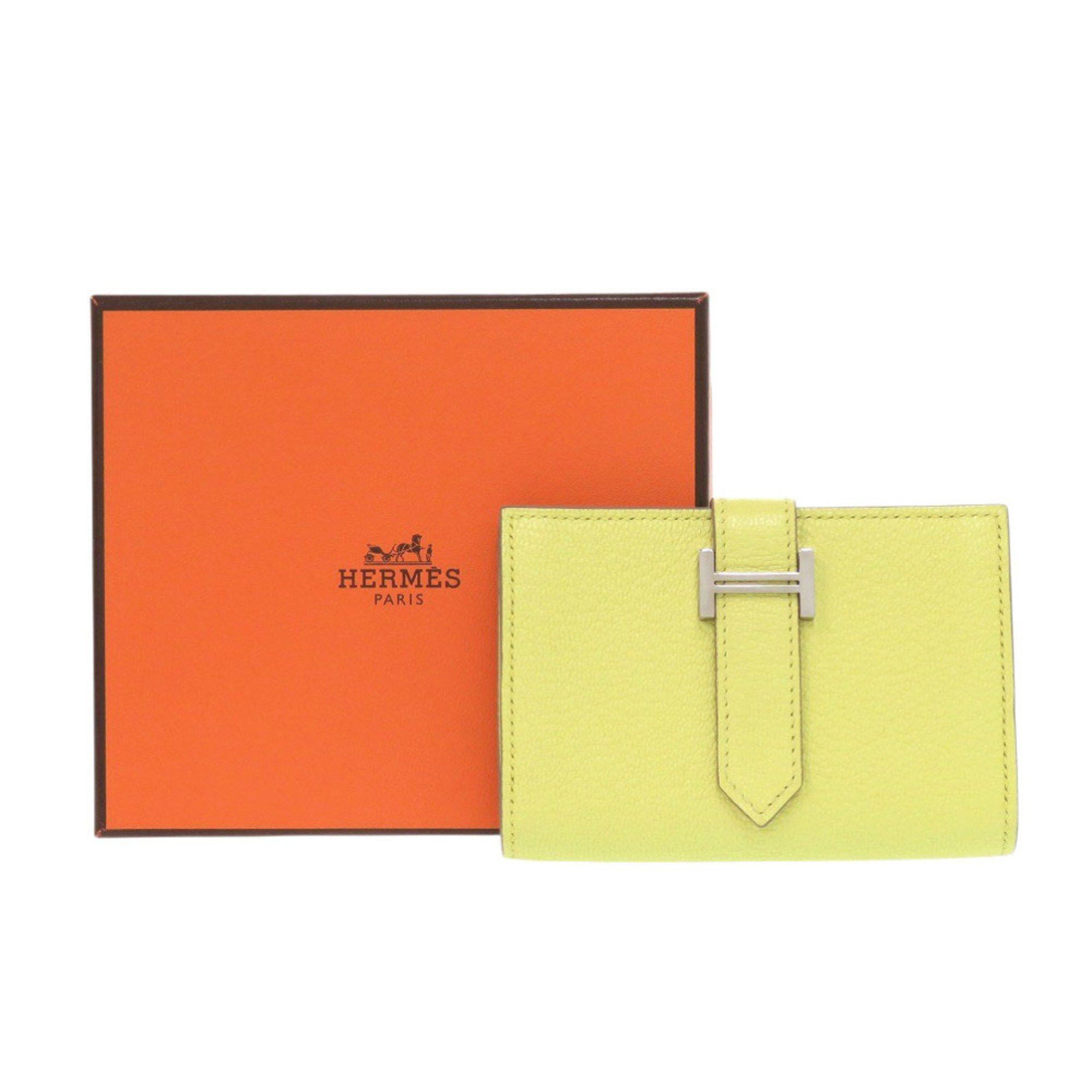 Hermes Like new Hermès Bearn card case, Chevre Mysore, lime, W stamp (made in 2024), yellow, 1650 HERMES Size ONE SIZE - 2 Thumbnail