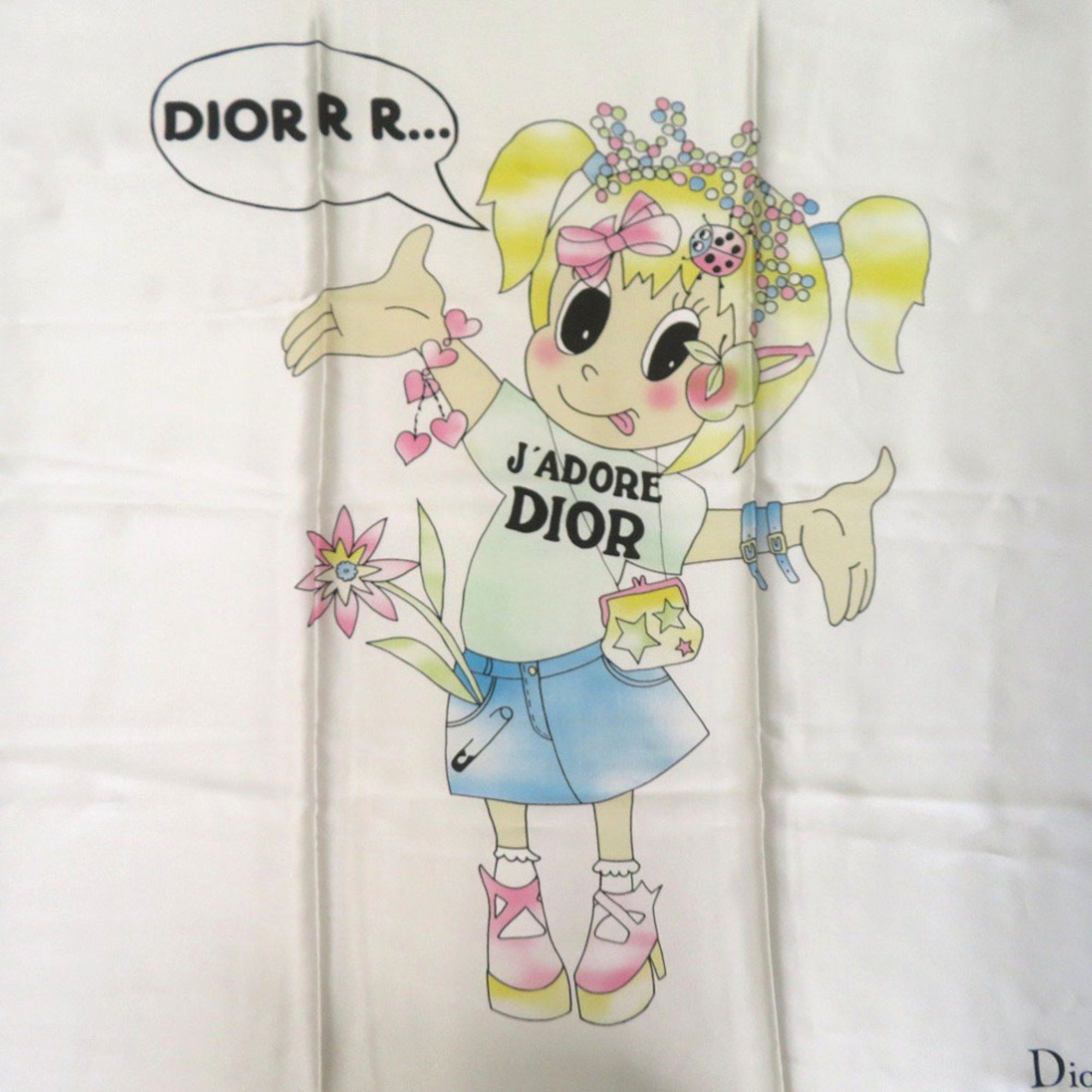 Dior Christian Dior J'ADORE DIOR Scarf/Muffler with Heart, Ribbon, and Flower Design, Silk, White, 0026, for Girls Size ONE SIZE - 2 Thumbnail