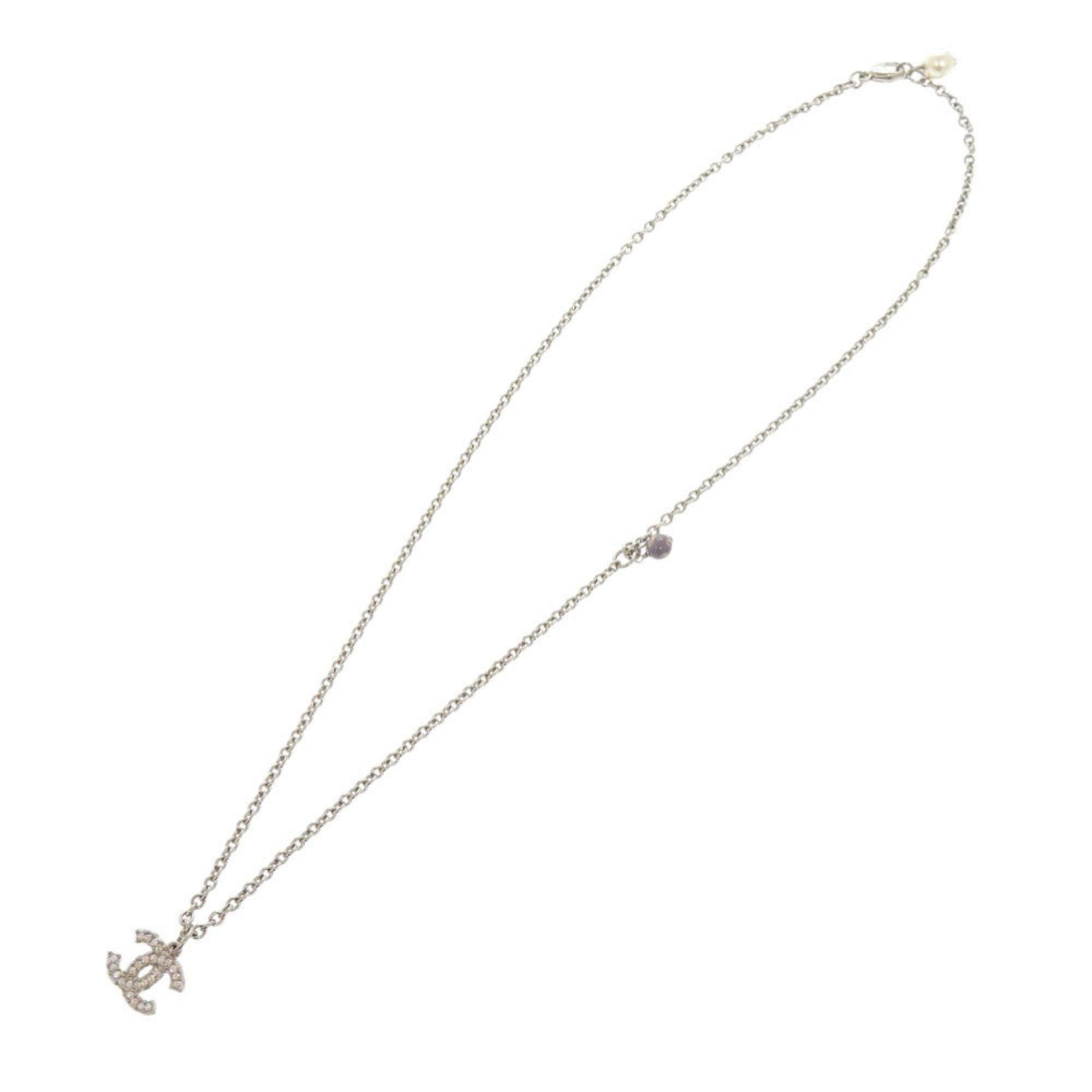 Chanel Chanel Coco Mark Metal Rhinestone Faux Pearl Silver Necklace 0470 CHANEL Size ONE SIZE - 3 Thumbnail