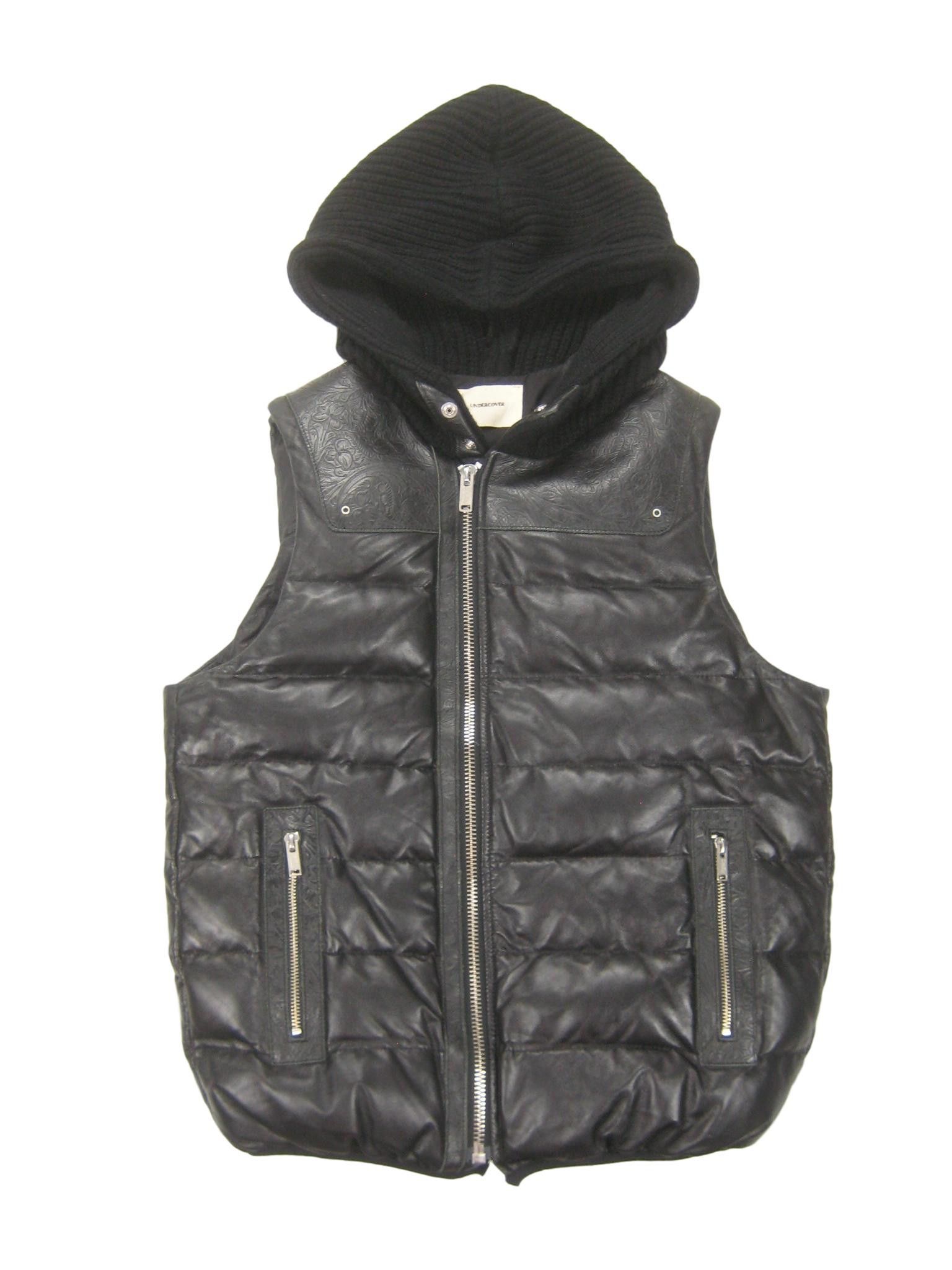 Tooled Leather Down Filled Quilted Knit Wool Hood Puffervest