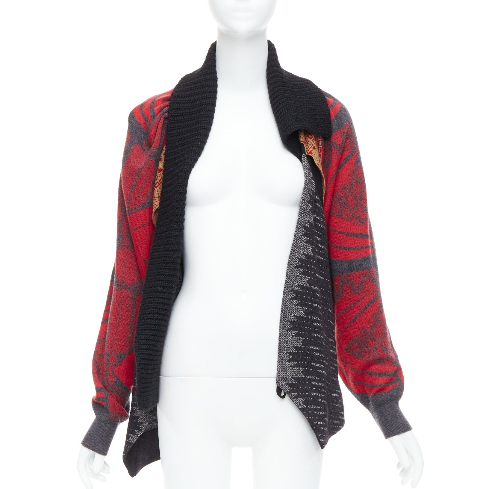 Toga TOGA ARCHIVES red grey ethnic intarsia deconstructed cardigan JP2 M Size M / US 6-8 / IT 42-44 - 3 Thumbnail