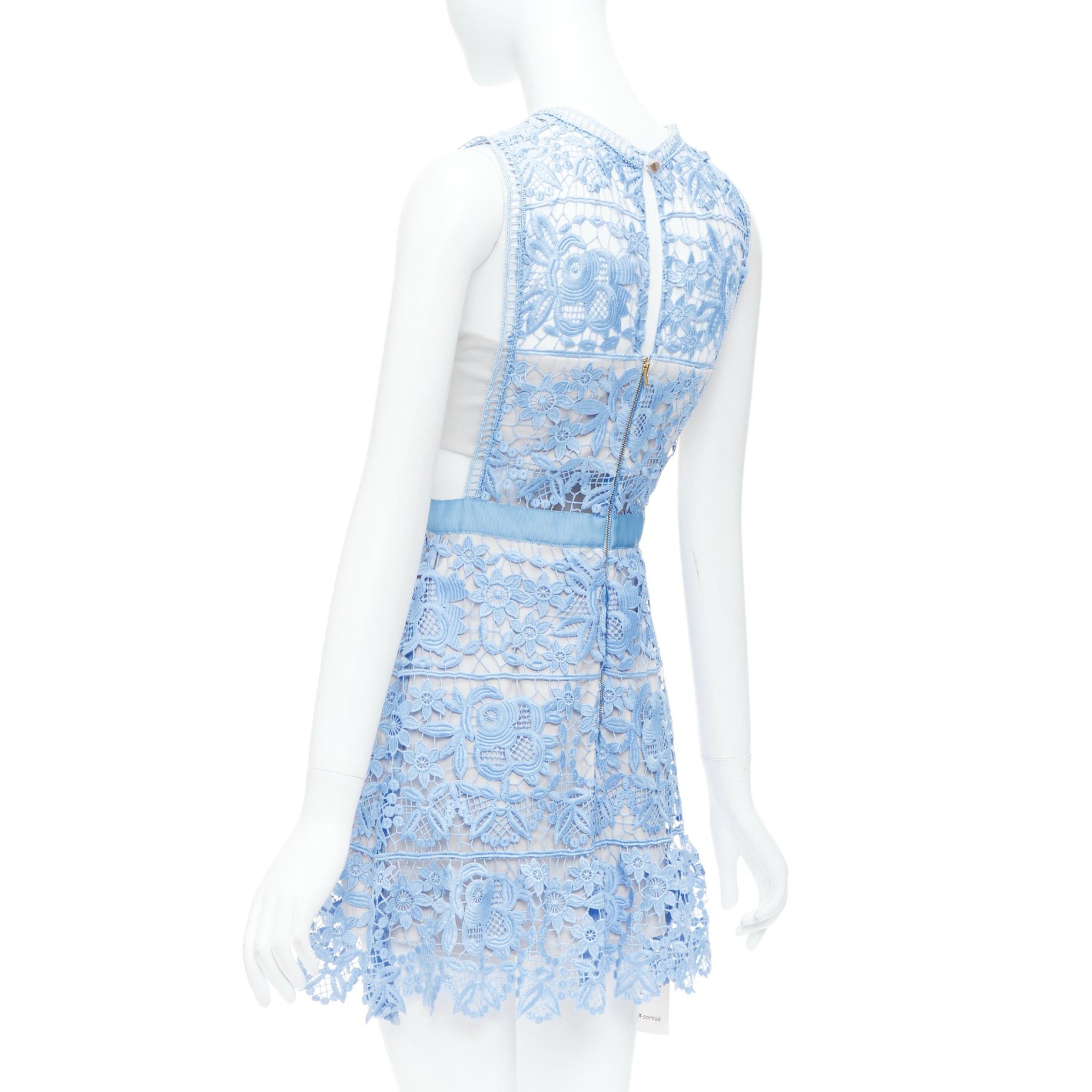 Self-Portrait SELF PORTRAIT Lace Peplum blue floral eyelet overlay mini dress UK8 S Size M / US 6-8 / IT 42-44 - 6 Thumbnail