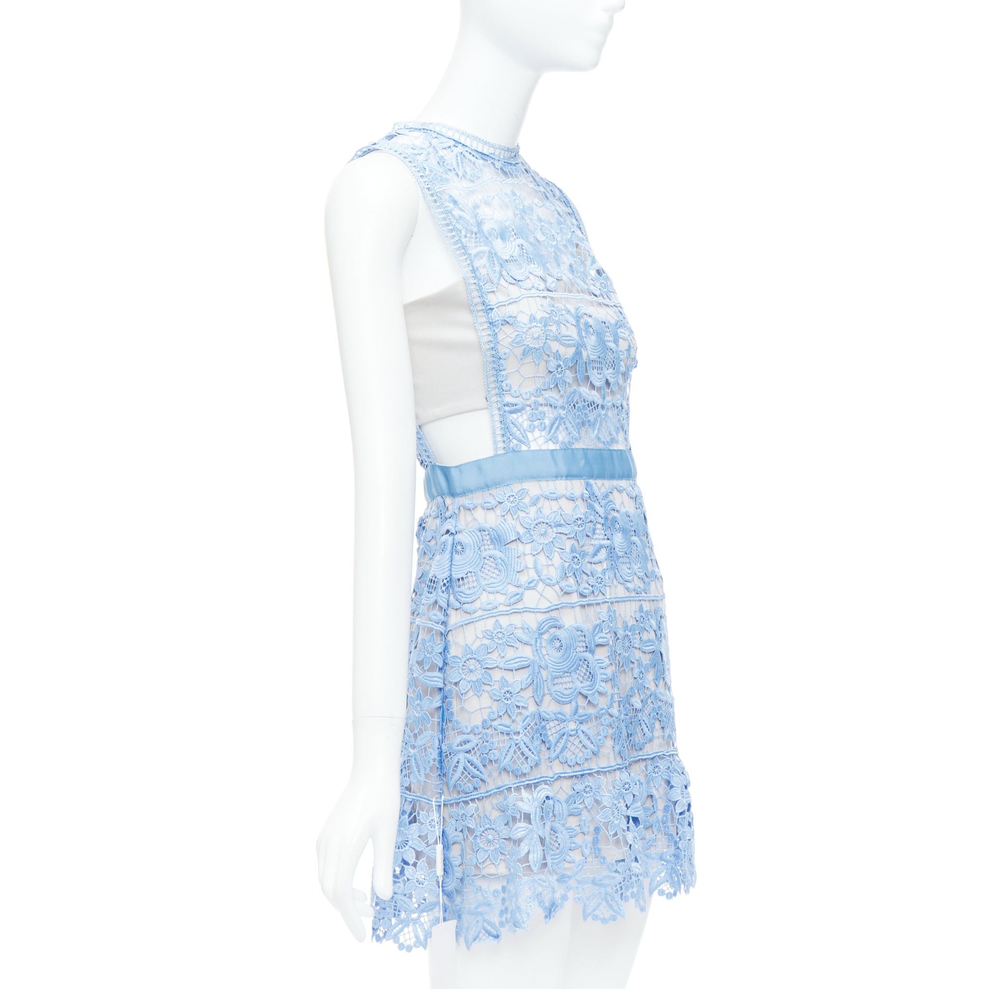 Self-Portrait SELF PORTRAIT Lace Peplum blue floral eyelet overlay mini dress UK8 S Size M / US 6-8 / IT 42-44 - 3 Thumbnail