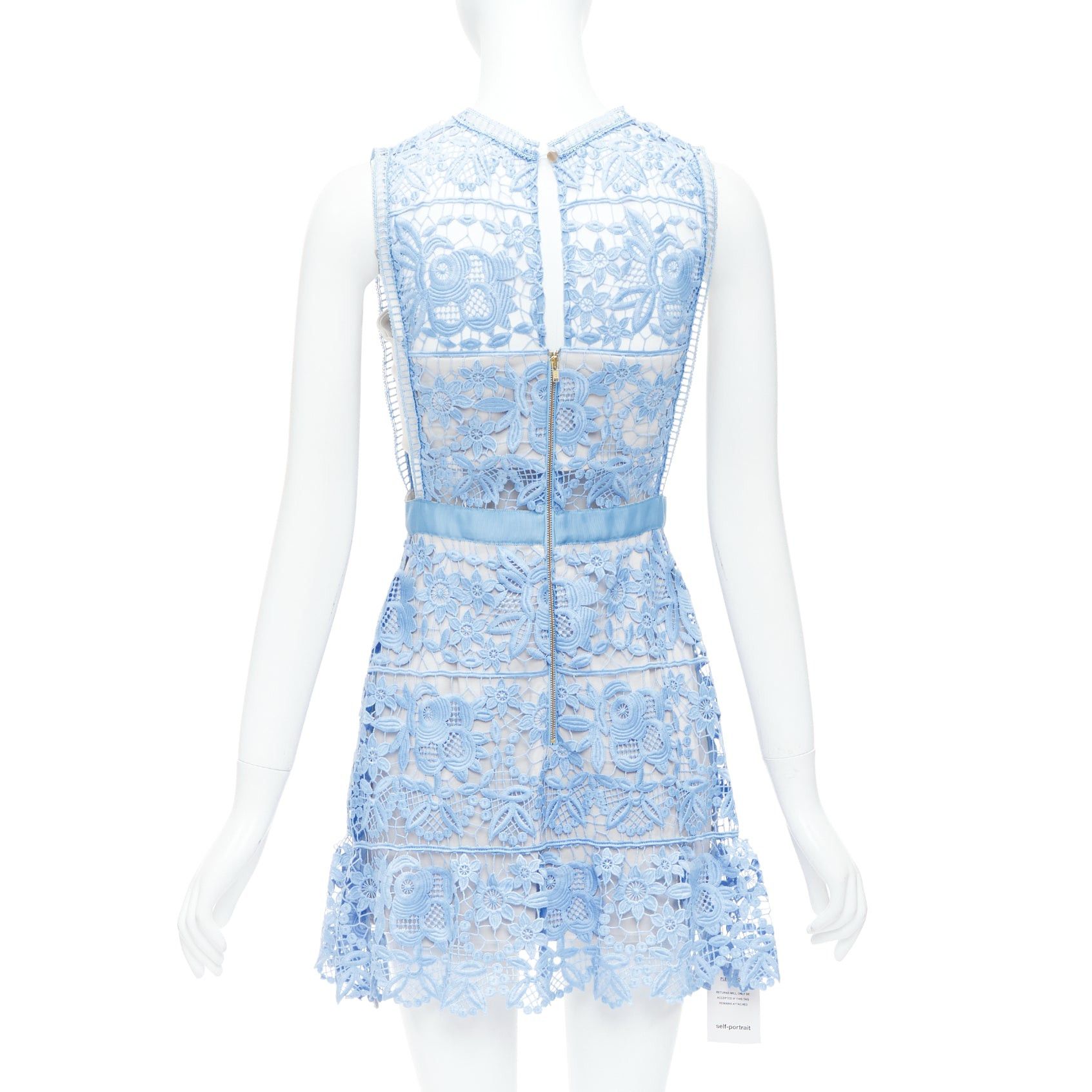 Self-Portrait SELF PORTRAIT Lace Peplum blue floral eyelet overlay mini dress UK8 S Size M / US 6-8 / IT 42-44 - 5 Thumbnail