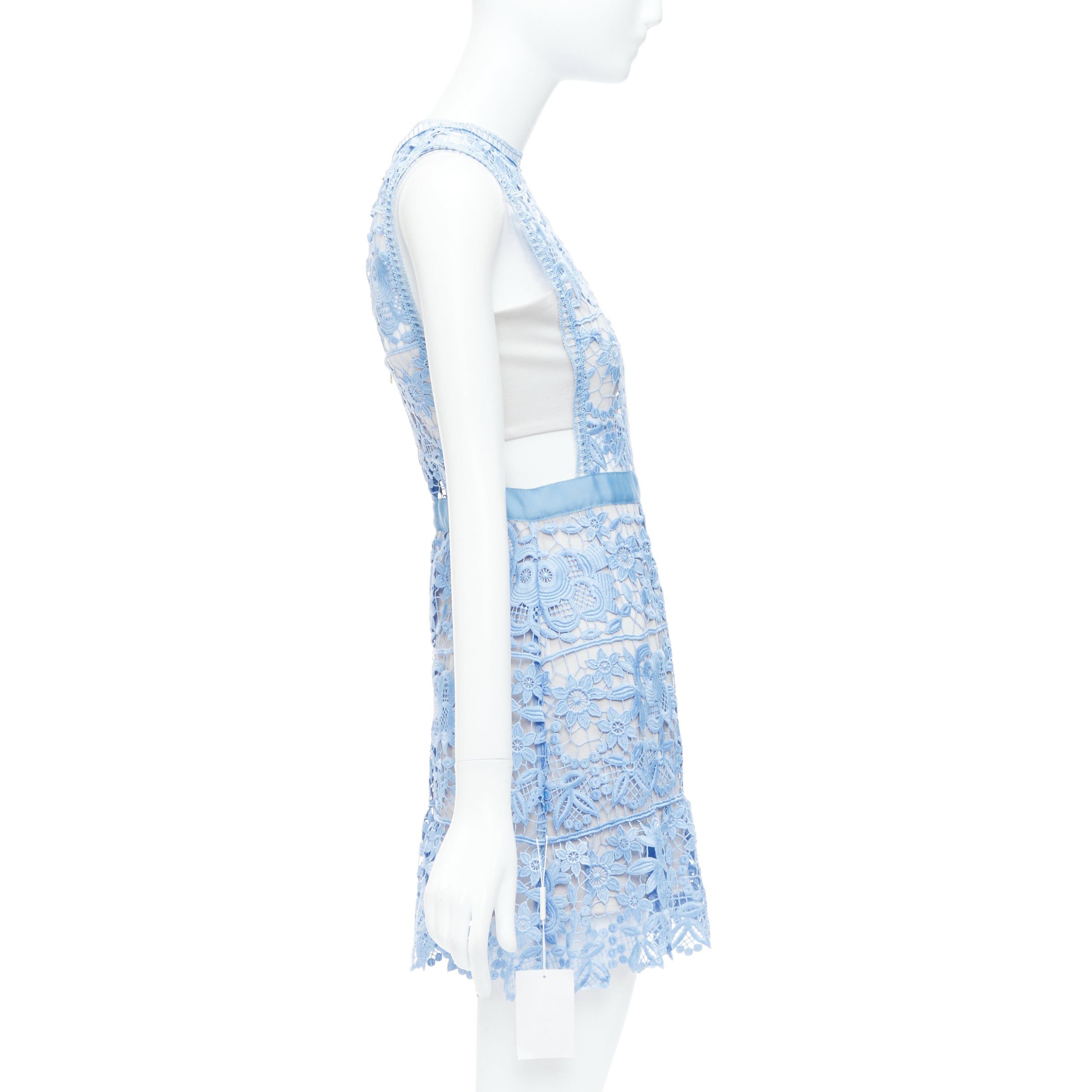 Self-Portrait SELF PORTRAIT Lace Peplum blue floral eyelet overlay mini dress UK8 S Size M / US 6-8 / IT 42-44 - 4 Thumbnail