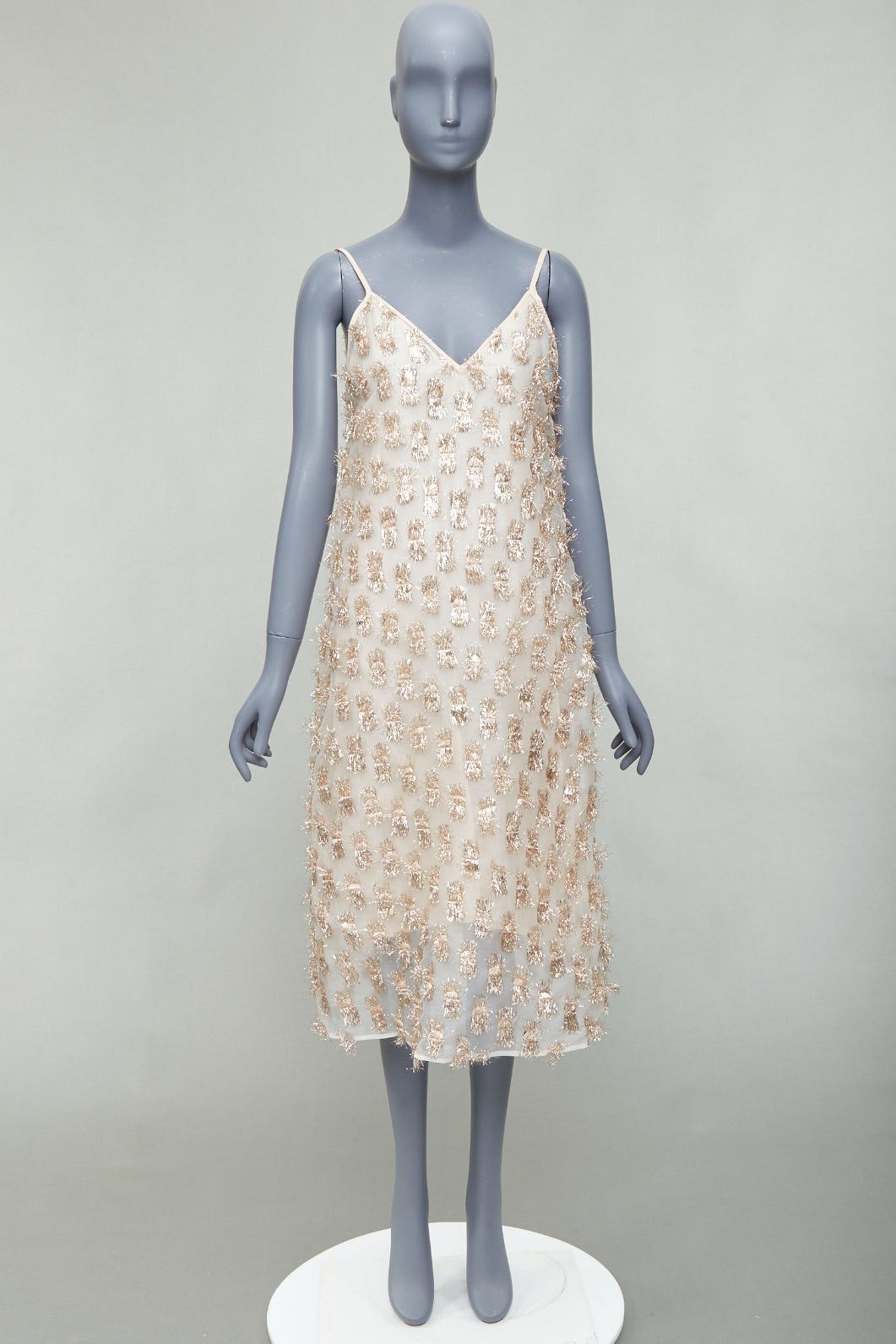 RAEY RAEY Long Day gold tinsel nude silk spaghetti strap midi dress UK8 S Size S / US 4 / IT 40 - 9 Thumbnail
