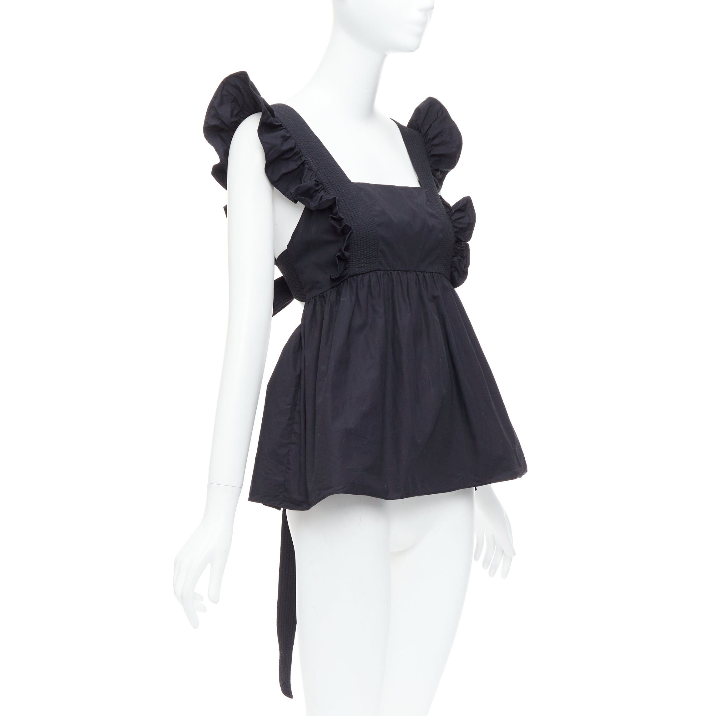 Self-Portrait SELF PORTRAIT 2020 Runway Black Cotton Poplin tie back ruffle top UK10 M Size M / US 6-8 / IT 42-44 - 3 Thumbnail