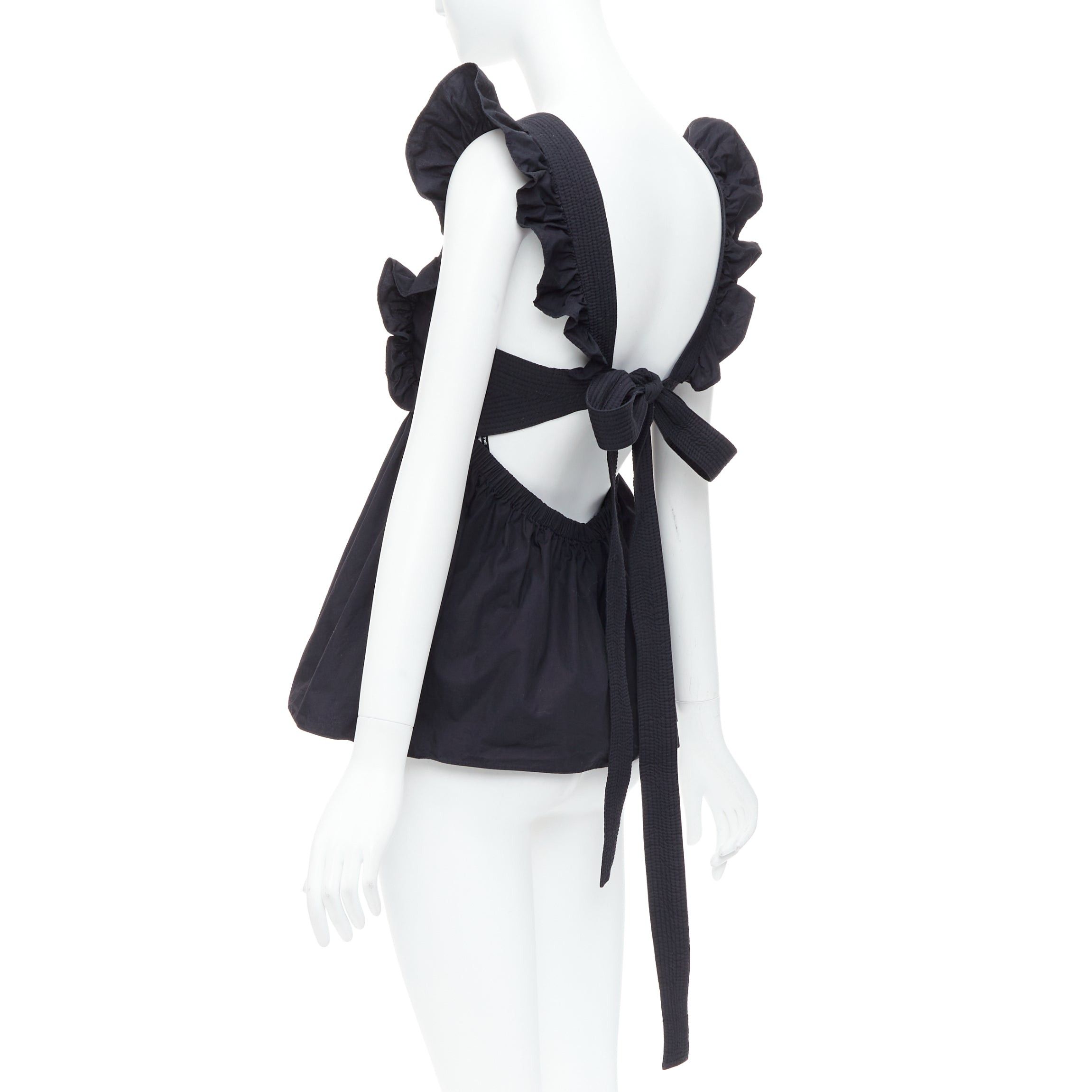 Self-Portrait SELF PORTRAIT 2020 Runway Black Cotton Poplin tie back ruffle top UK10 M Size M / US 6-8 / IT 42-44 - 2 Thumbnail