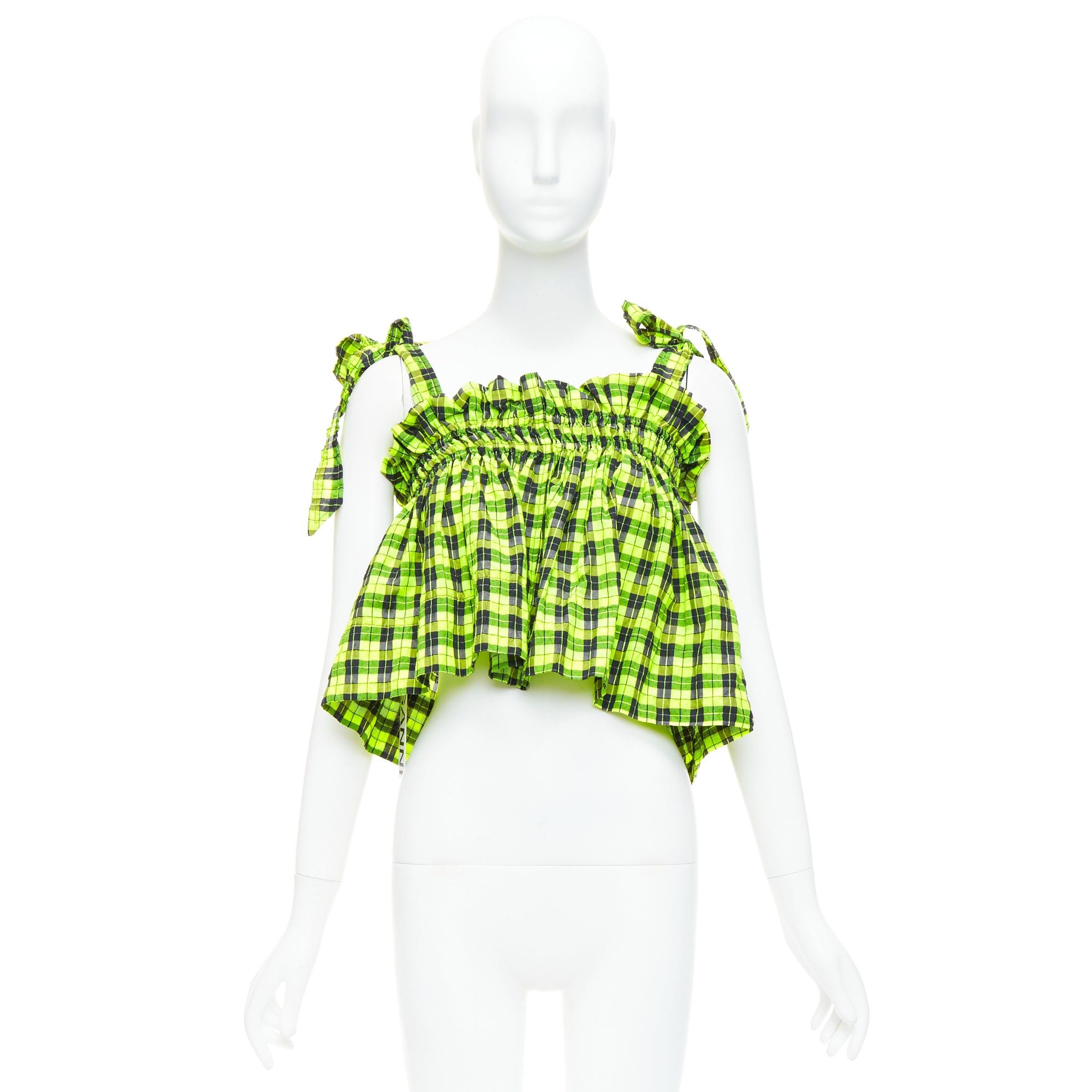 Ganni GANNI Checked Seersucker neon green ruffle tie shoulder crop top FR36 S Size S / US 4 / IT 40 - 9 Thumbnail