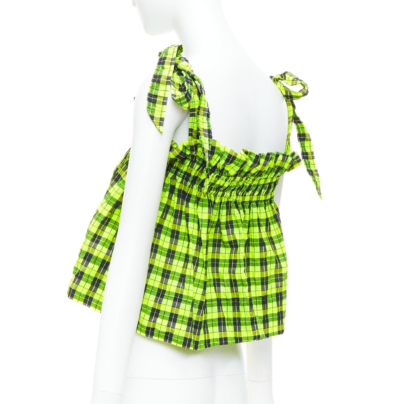 Ganni GANNI Checked Seersucker neon green ruffle tie shoulder crop top FR36 S Size S / US 4 / IT 40 - 6 Thumbnail