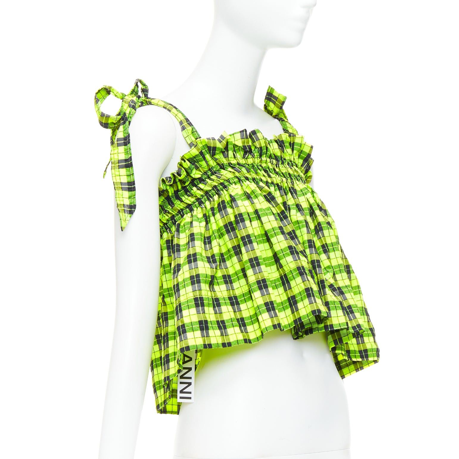 Ganni GANNI Checked Seersucker neon green ruffle tie shoulder crop top FR36 S Size S / US 4 / IT 40 - 3 Thumbnail