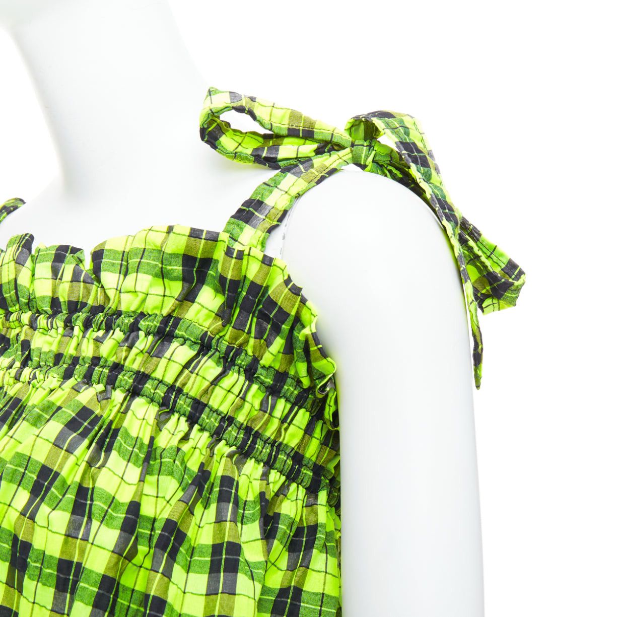 Ganni GANNI Checked Seersucker neon green ruffle tie shoulder crop top FR36 S Size S / US 4 / IT 40 - 2 Thumbnail
