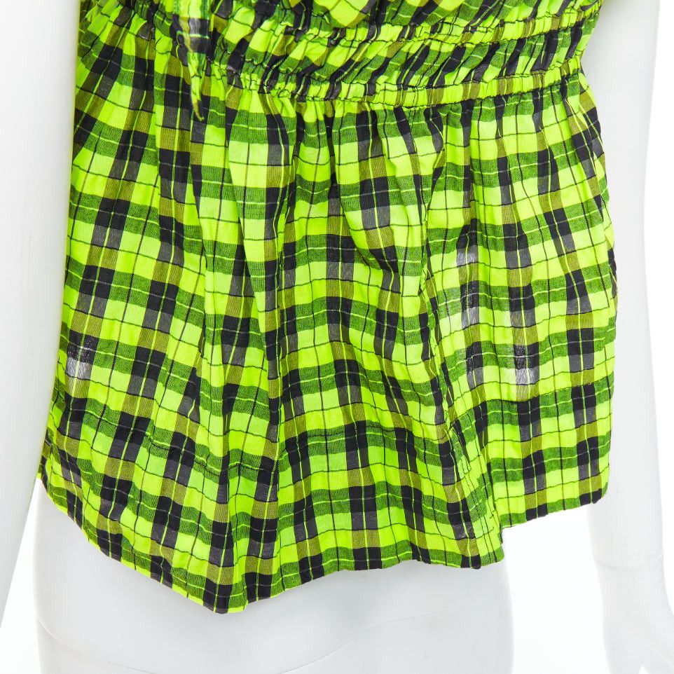 Ganni GANNI Checked Seersucker neon green ruffle tie shoulder crop top FR36 S Size S / US 4 / IT 40 - 7 Thumbnail