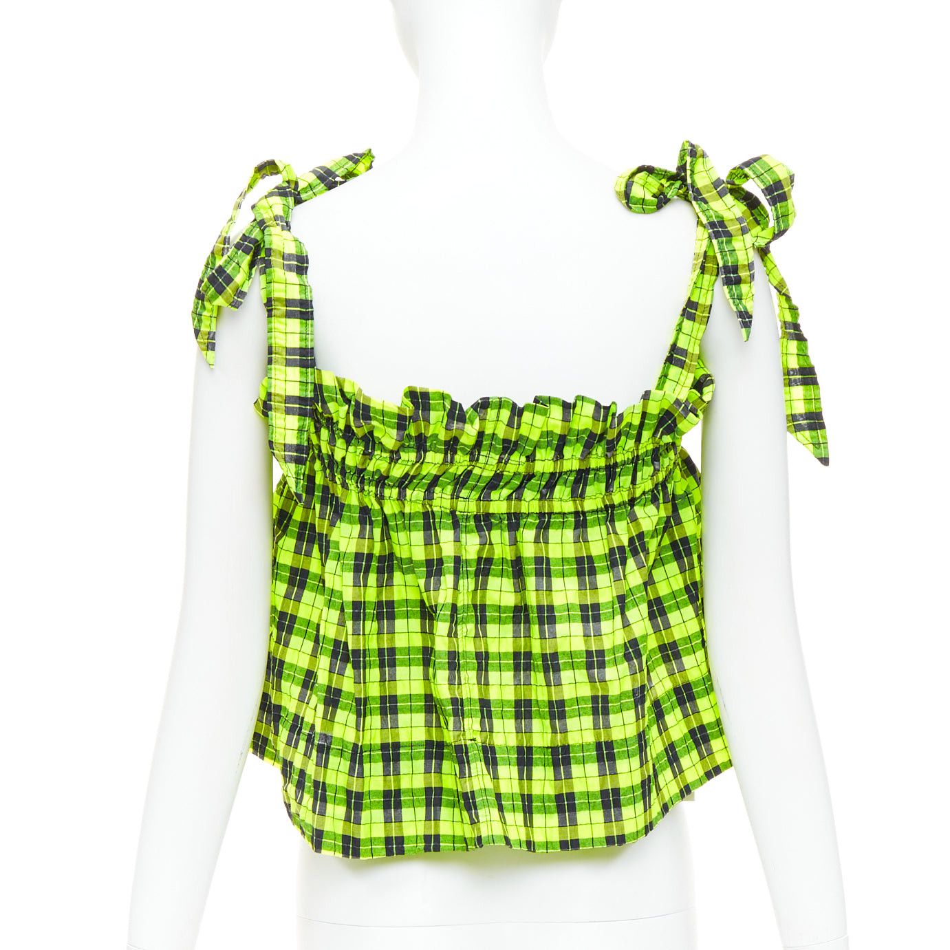 Ganni GANNI Checked Seersucker neon green ruffle tie shoulder crop top FR36 S Size S / US 4 / IT 40 - 5 Thumbnail