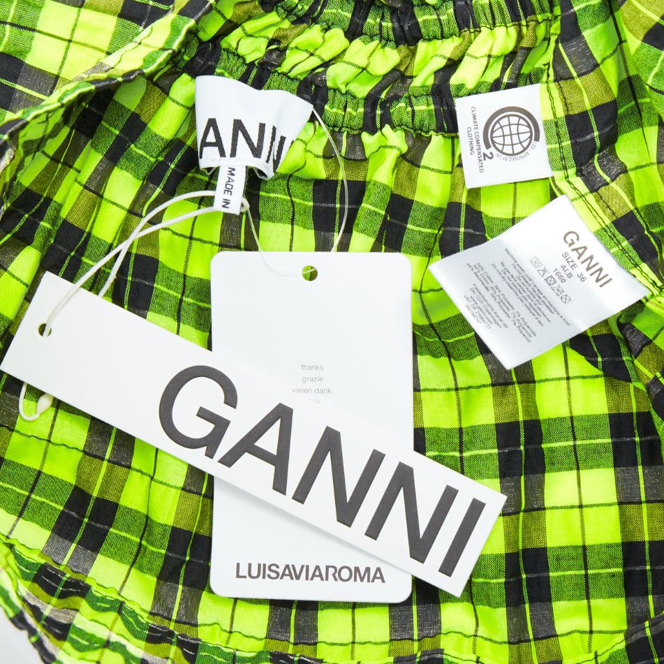 Ganni GANNI Checked Seersucker neon green ruffle tie shoulder crop top FR36 S Size S / US 4 / IT 40 - 8 Thumbnail