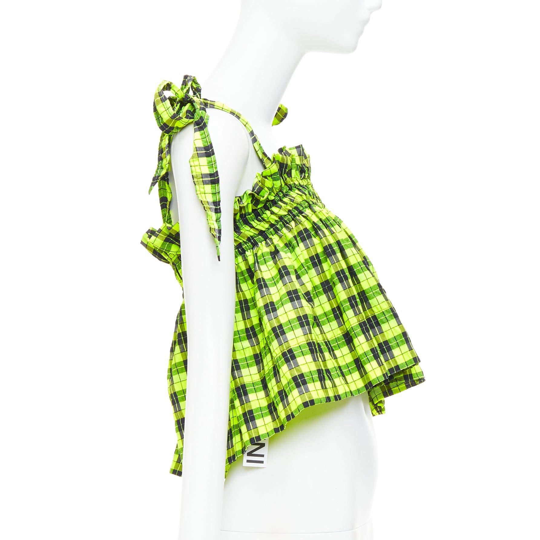 Ganni GANNI Checked Seersucker neon green ruffle tie shoulder crop top FR36 S Size S / US 4 / IT 40 - 4 Thumbnail