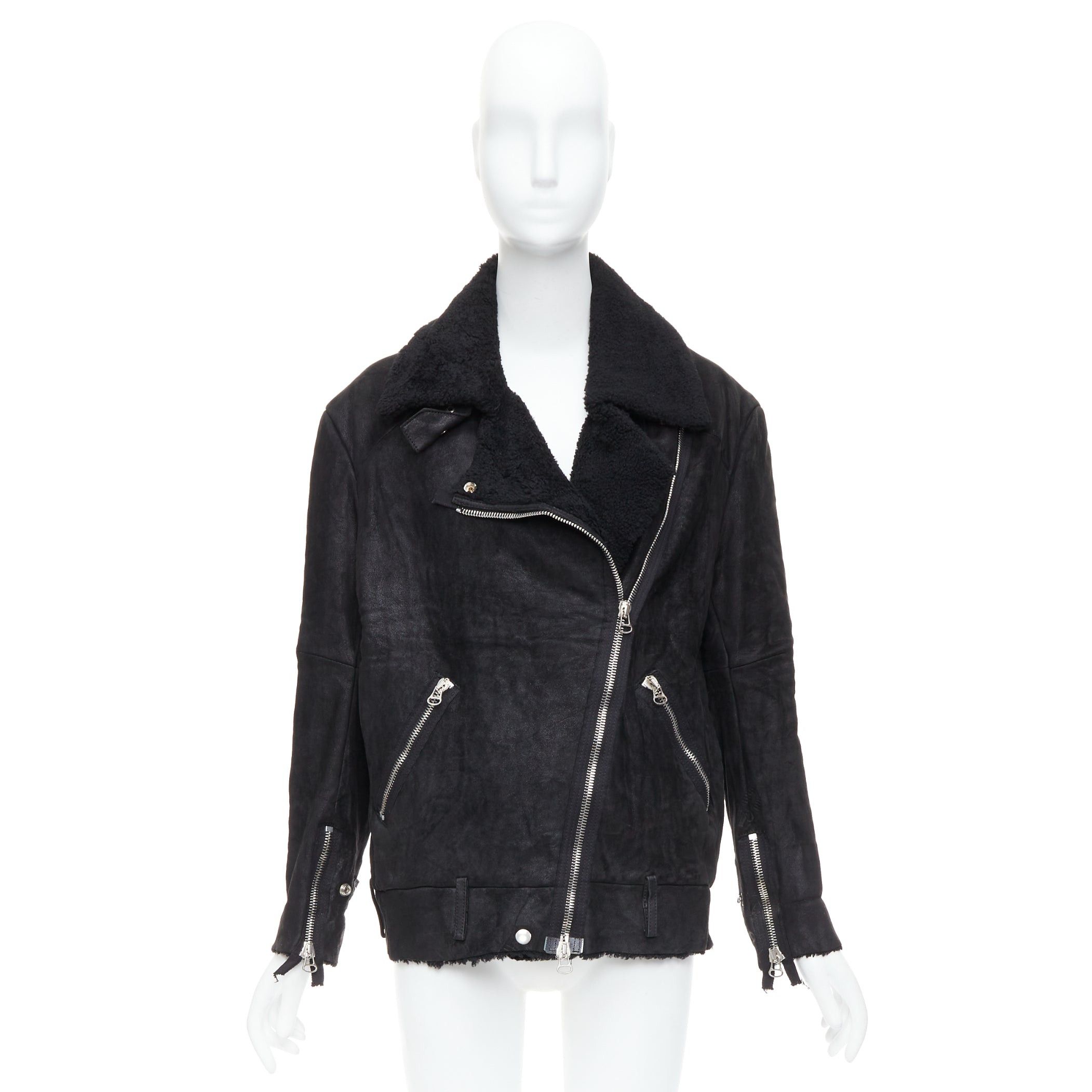 Acne Studios ACNE STUDIOS 2011 Velocite black shearling silver zip oversized biker FR34 XS Size XS / US 0-2 / IT 36-38 - 10 Thumbnail