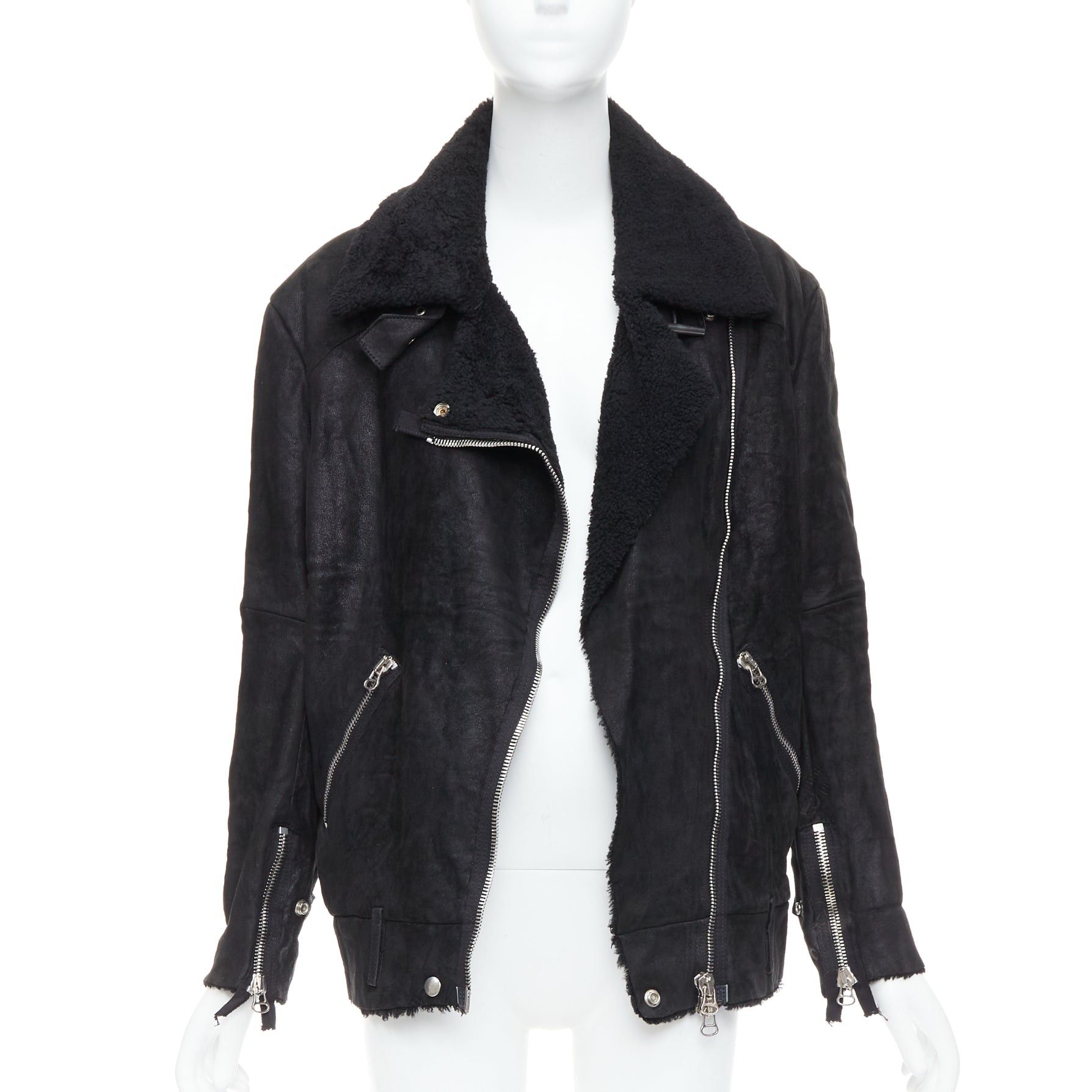 Acne Studios ACNE STUDIOS 2011 Velocite black shearling silver zip oversized biker FR34 XS Size XS / US 0-2 / IT 36-38 - 3 Thumbnail