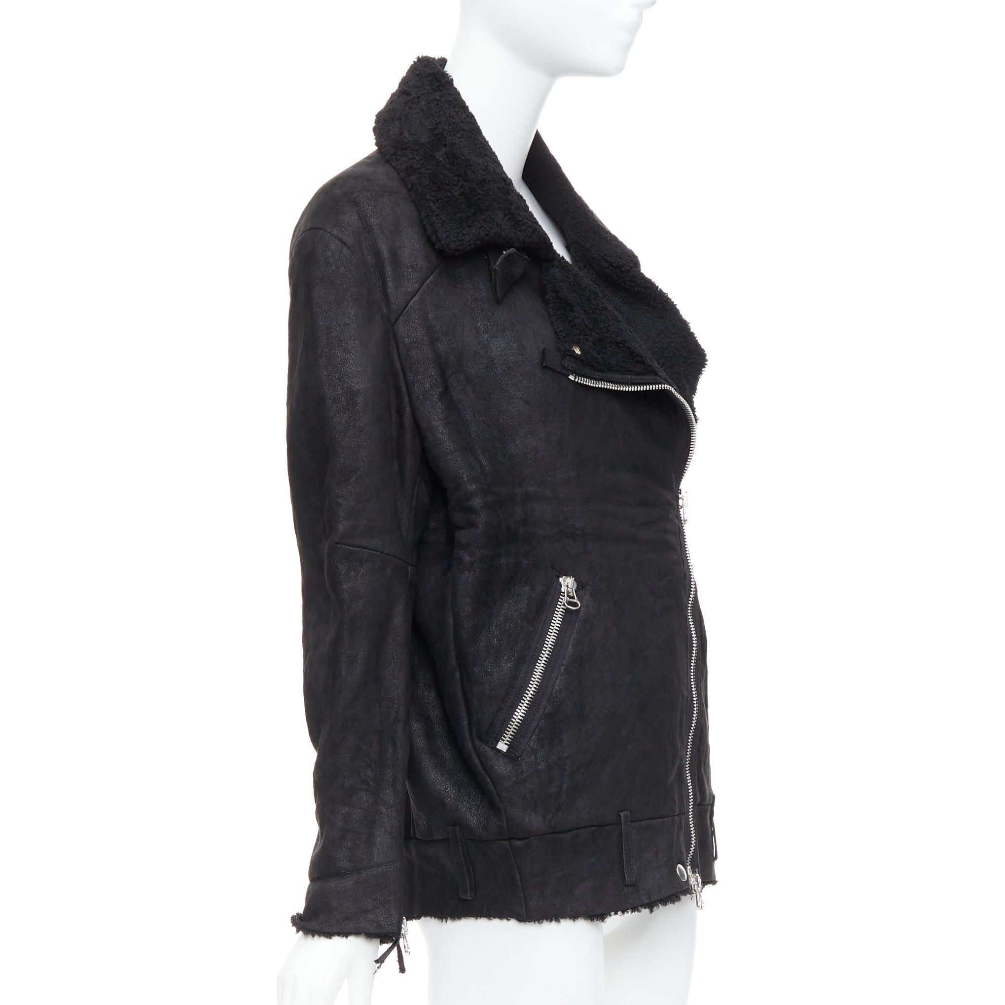 Acne Studios ACNE STUDIOS 2011 Velocite black shearling silver zip oversized biker FR34 XS Size XS / US 0-2 / IT 36-38 - 4 Thumbnail