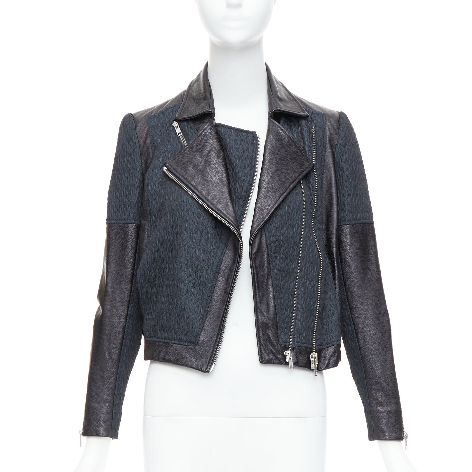 Helmut Lang HELMUT LANG black pebbled leather textured fabric zip crop biker P Size XS / US 0-2 / IT 36-38 - 3 Thumbnail