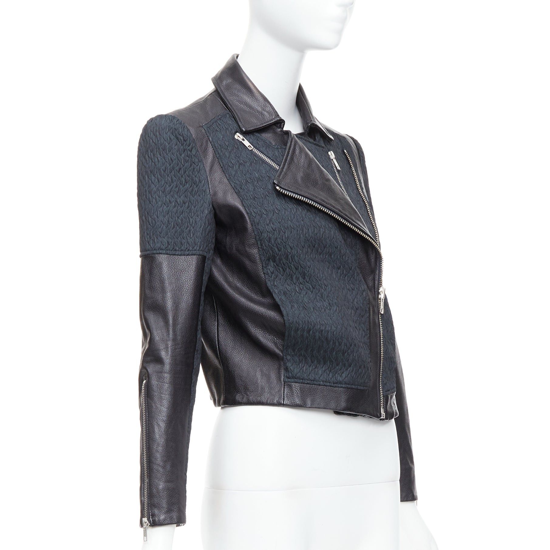 Helmut Lang HELMUT LANG black pebbled leather textured fabric zip crop biker P Size XS / US 0-2 / IT 36-38 - 4 Thumbnail