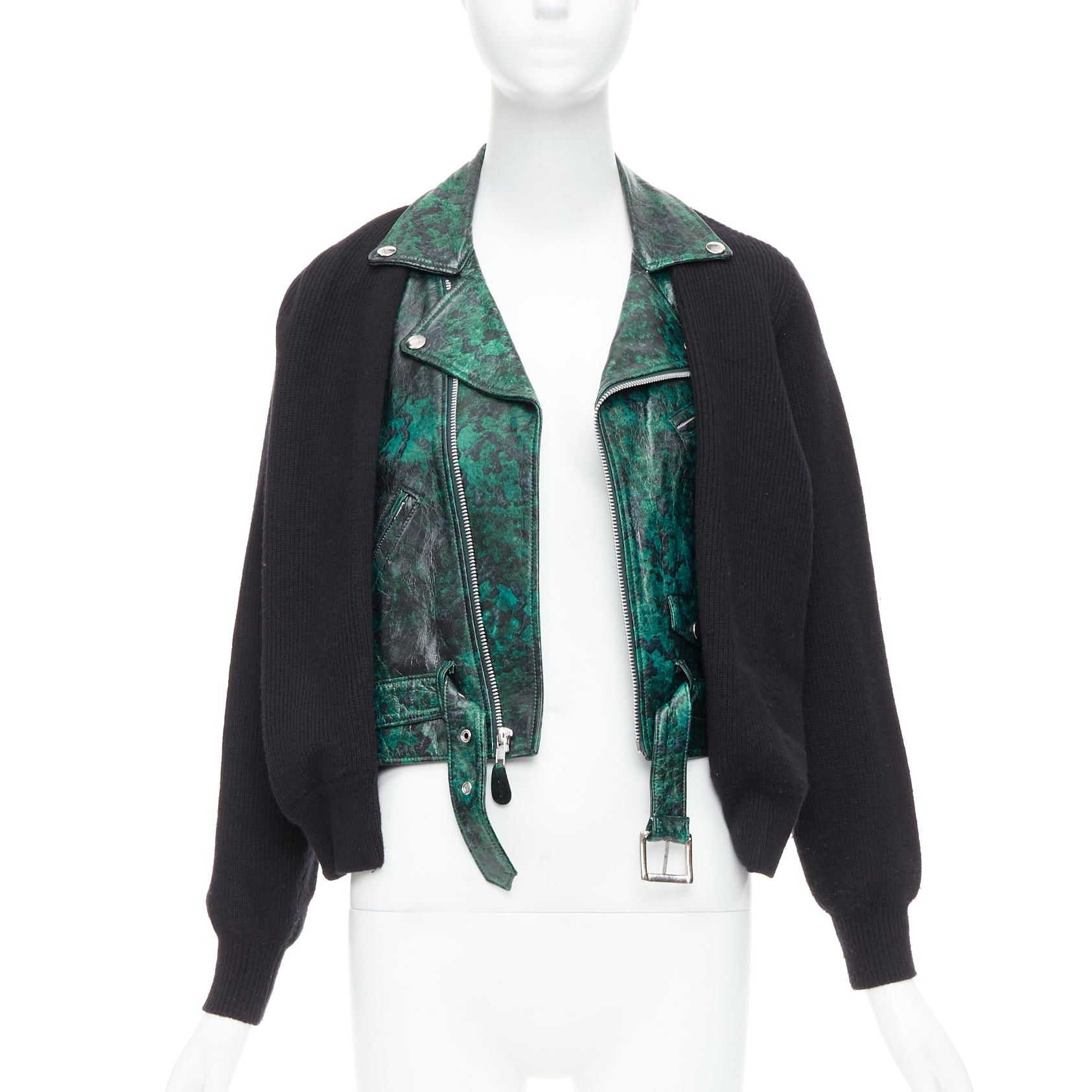 Toga TOGA PULLA green printed lambskin black wool biker cardigan JP1 S Size S / US 4 / IT 40 - 3 Thumbnail