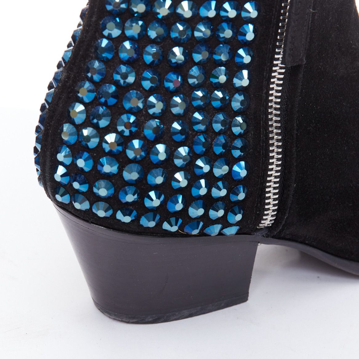 Giuseppe Zanotti GIUSEPPE ZANOTTI blue crystal encrusted heel black suede booties EU38 Size US 8 / IT 38 - 7 Thumbnail