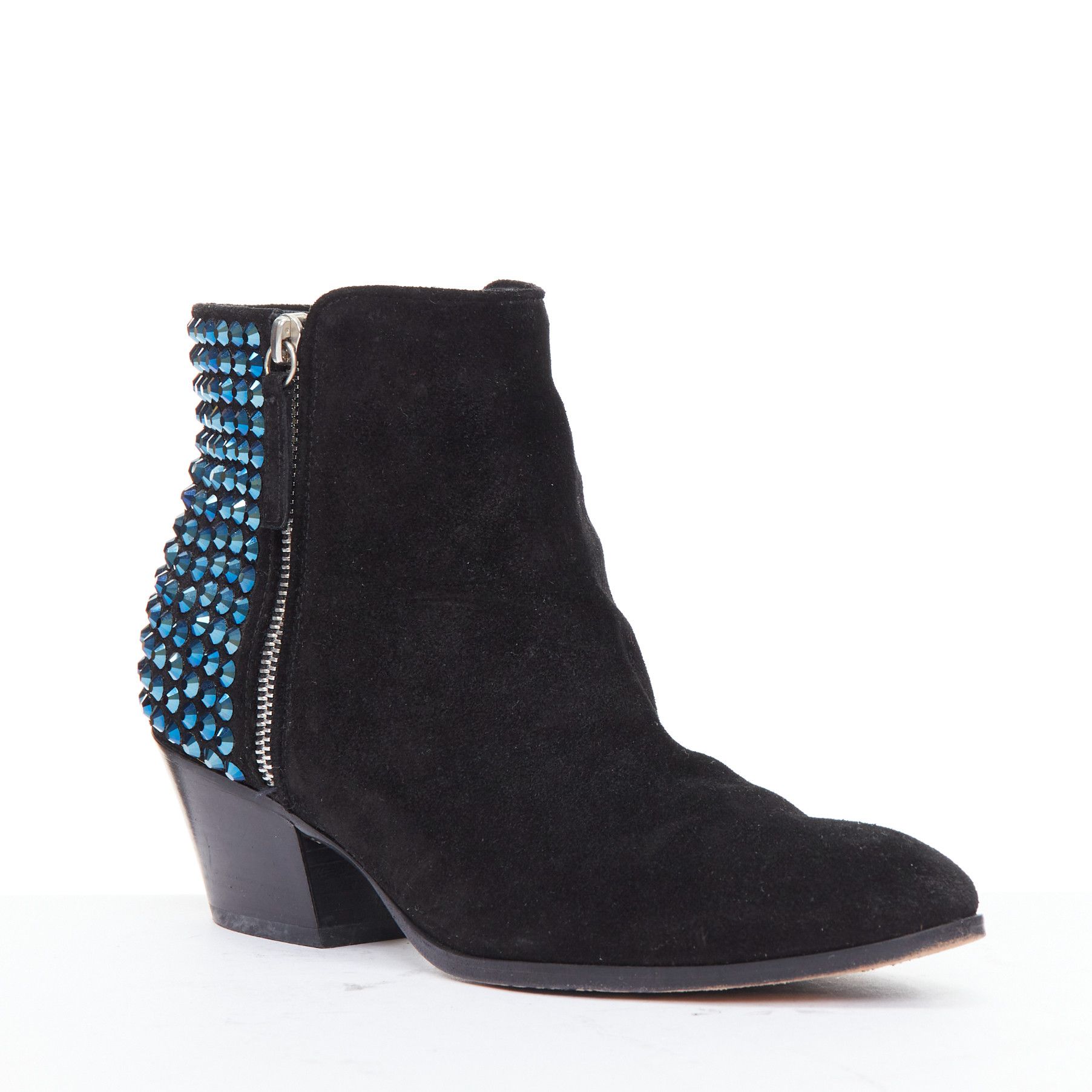 Giuseppe Zanotti GIUSEPPE ZANOTTI blue crystal encrusted heel black suede booties EU38 Size US 8 / IT 38 - 2 Thumbnail