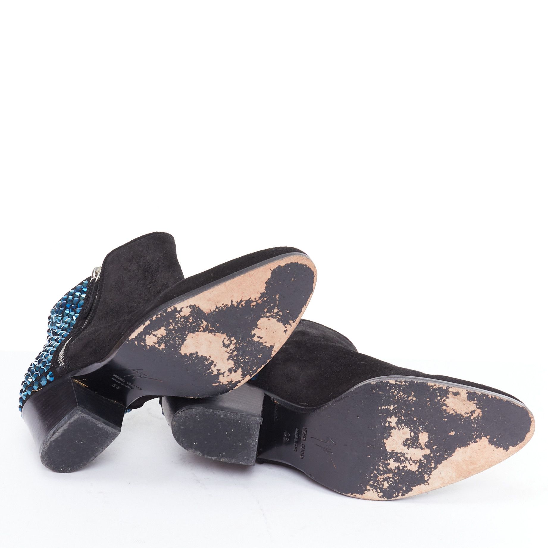 Giuseppe Zanotti GIUSEPPE ZANOTTI blue crystal encrusted heel black suede booties EU38 Size US 8 / IT 38 - 10 Thumbnail