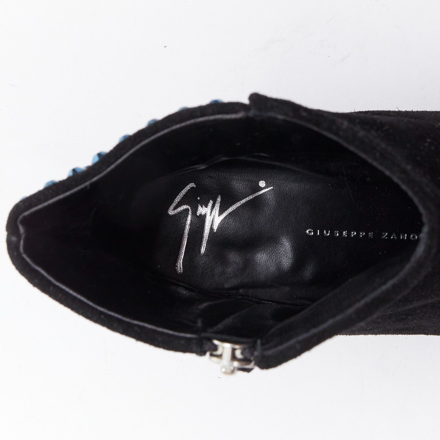 Giuseppe Zanotti GIUSEPPE ZANOTTI blue crystal encrusted heel black suede booties EU38 Size US 8 / IT 38 - 9 Thumbnail