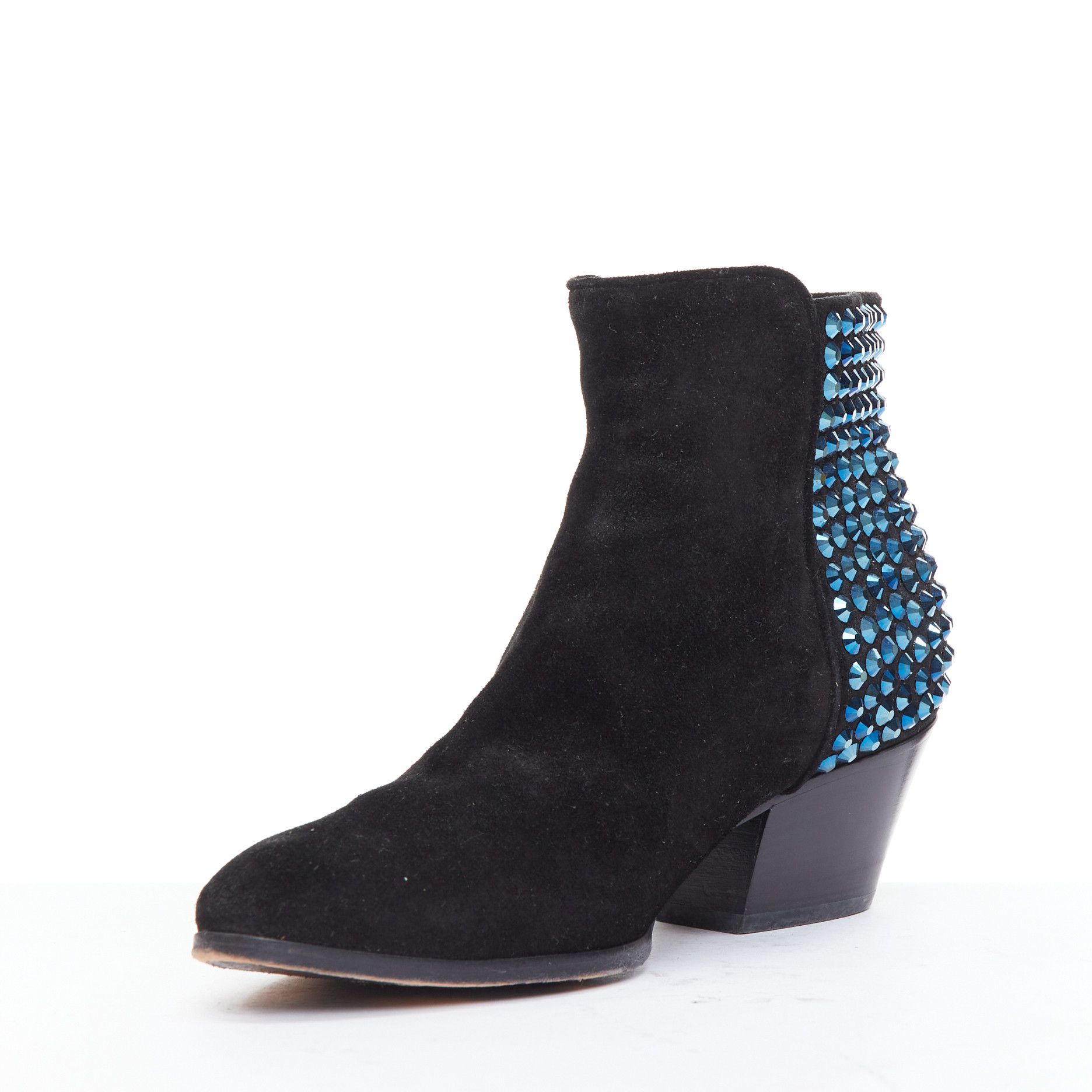 Giuseppe Zanotti GIUSEPPE ZANOTTI blue crystal encrusted heel black suede booties EU38 Size US 8 / IT 38 - 4 Thumbnail