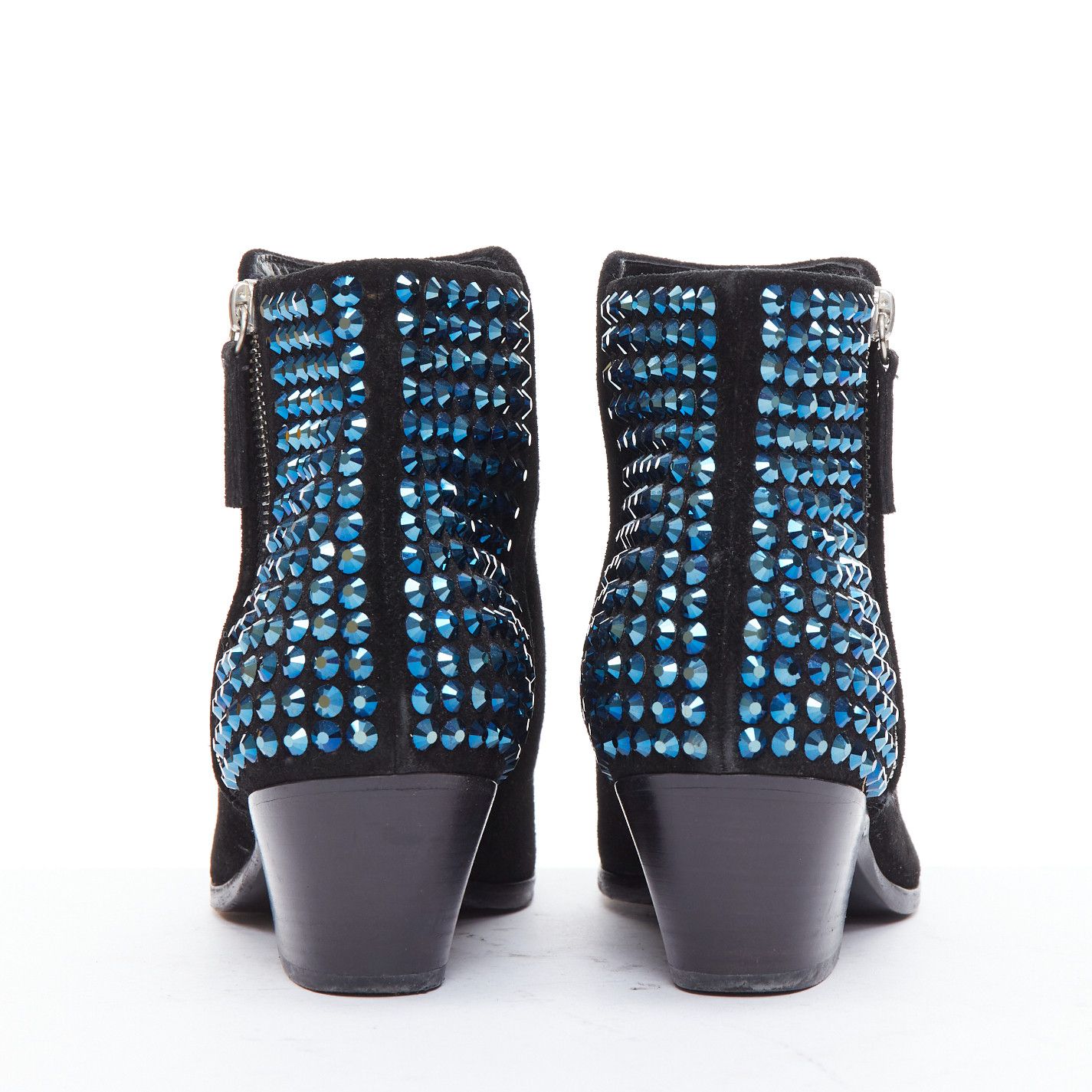 Giuseppe Zanotti GIUSEPPE ZANOTTI blue crystal encrusted heel black suede booties EU38 Size US 8 / IT 38 - 5 Thumbnail