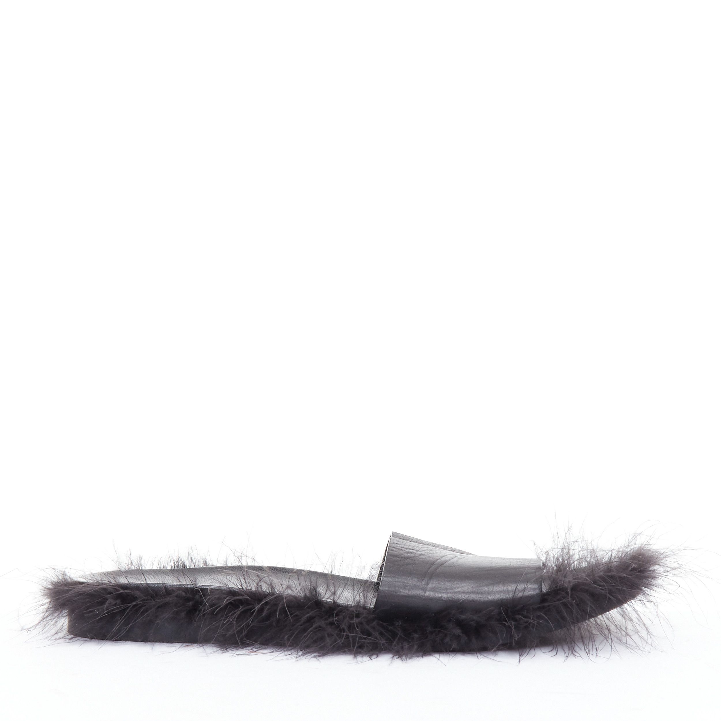 Simone Rocha SIMONE ROCHA black feather trimmed leather flat slides mules EU38 Size US 8 / IT 38 - 3 Thumbnail