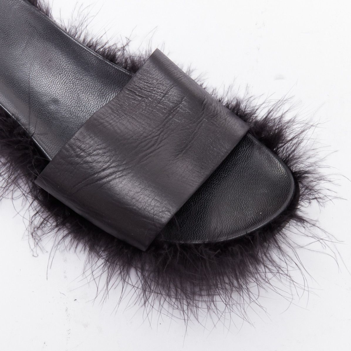 Simone Rocha SIMONE ROCHA black feather trimmed leather flat slides mules EU38 Size US 8 / IT 38 - 7 Thumbnail