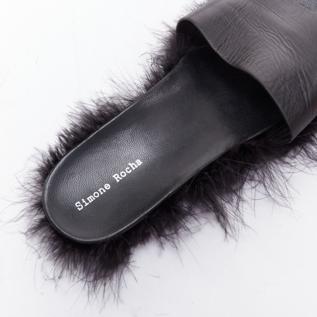 Simone Rocha SIMONE ROCHA black feather trimmed leather flat slides mules EU38 Size US 8 / IT 38 - 8 Thumbnail