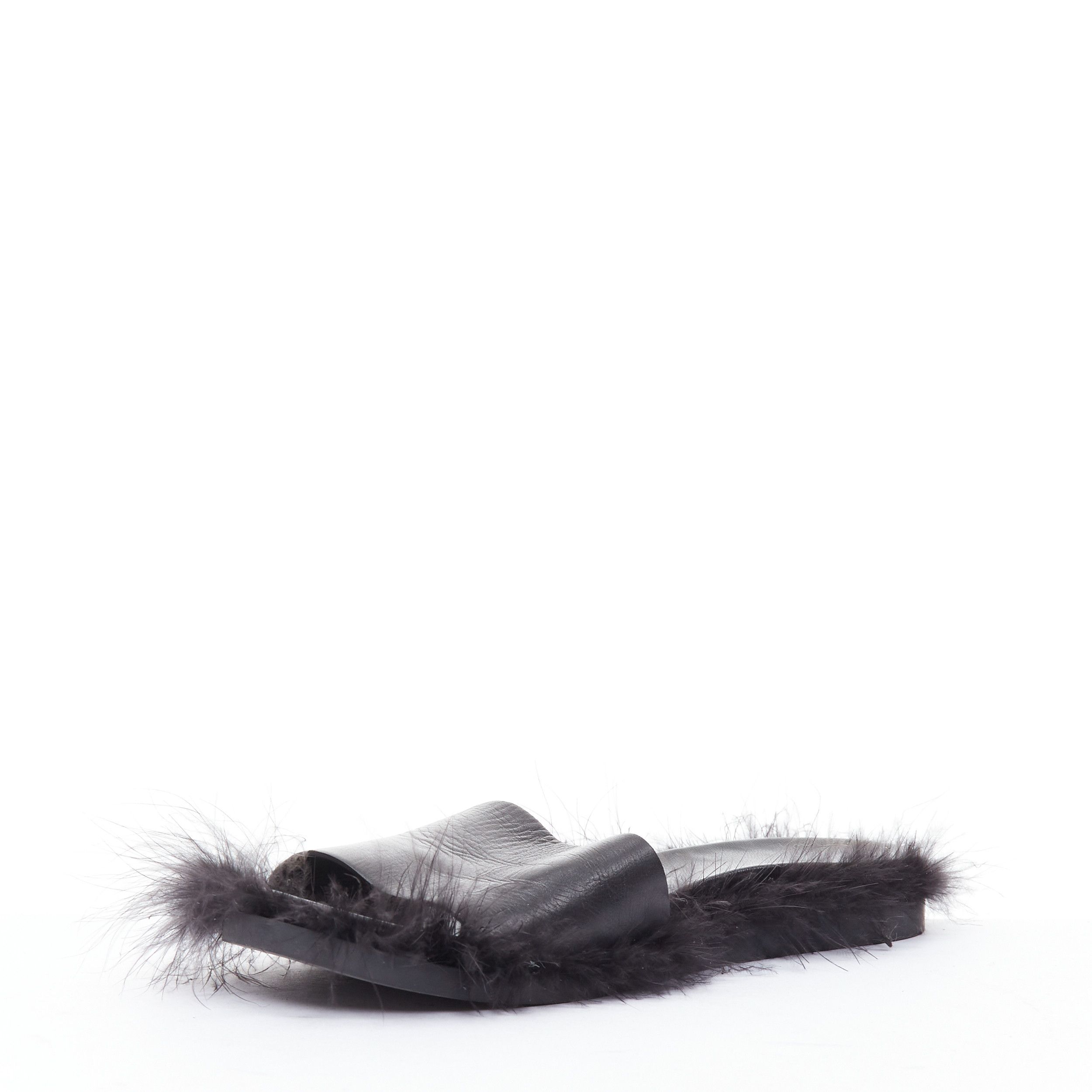 Simone Rocha SIMONE ROCHA black feather trimmed leather flat slides mules EU38 Size US 8 / IT 38 - 4 Thumbnail