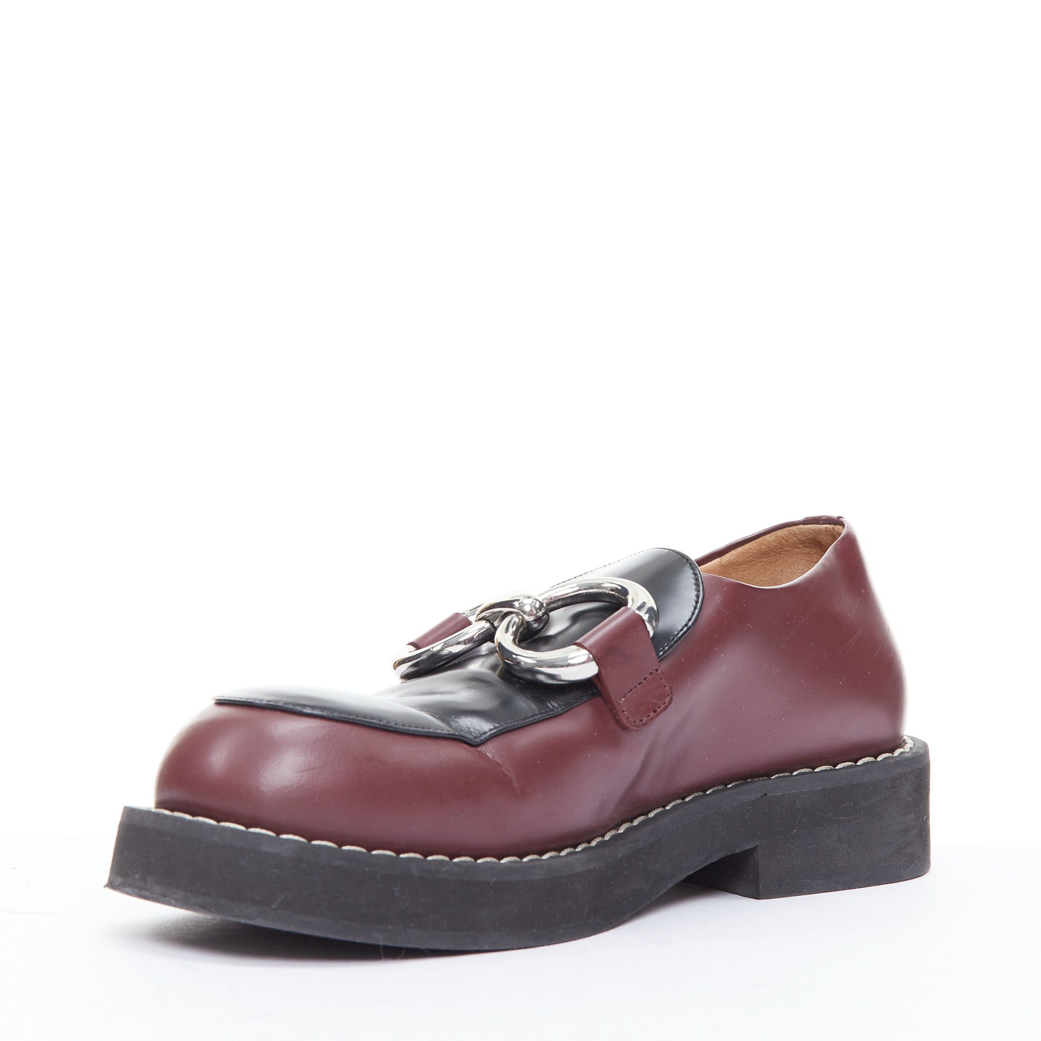 Marni MARNI burgundy black leather silver chunky buckle loafers EU39 Size US 9 / IT 39 - 4 Thumbnail