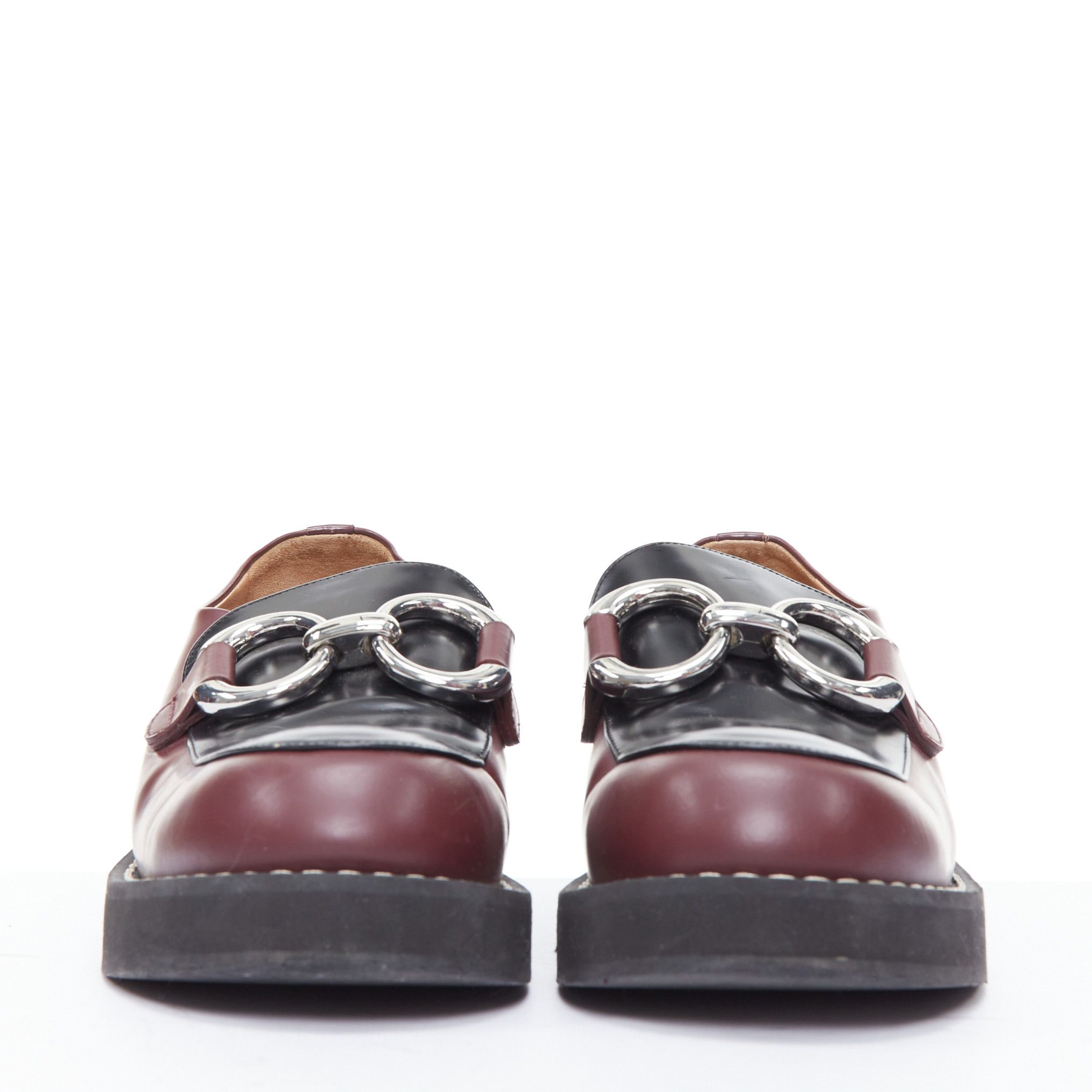 Marni MARNI burgundy black leather silver chunky buckle loafers EU39 Size US 9 / IT 39 - 3 Thumbnail