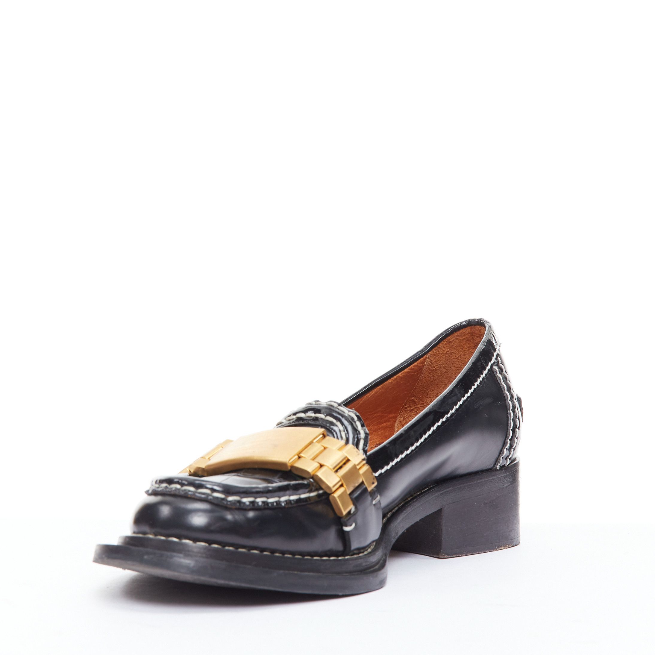 Acne Studios ACNE STUDIOS Penny Watch gold buckle black topstitch loafers EU38 Size US 8 / IT 38 - 4 Thumbnail