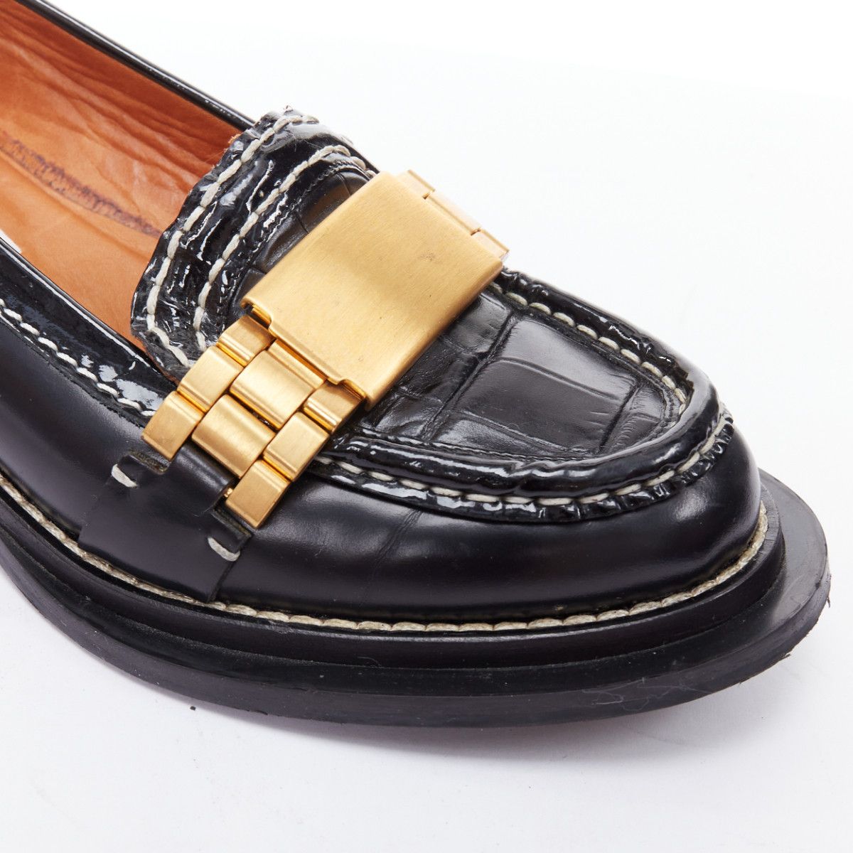 Acne Studios ACNE STUDIOS Penny Watch gold buckle black topstitch loafers EU38 Size US 8 / IT 38 - 7 Thumbnail