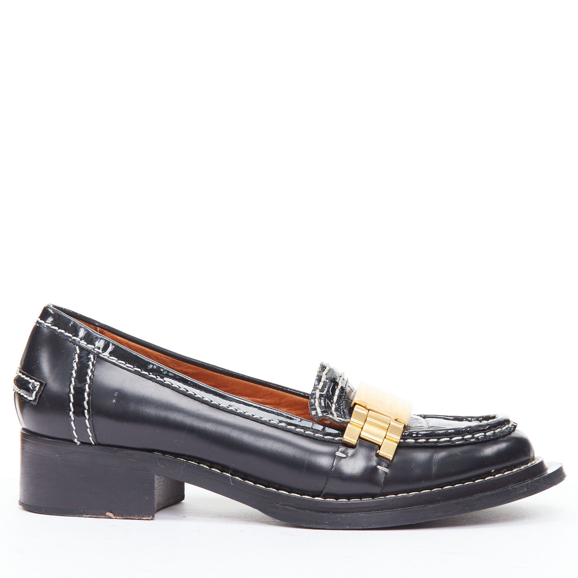 Acne Studios ACNE STUDIOS Penny Watch gold buckle black topstitch loafers EU38 Size US 8 / IT 38 - 2 Thumbnail