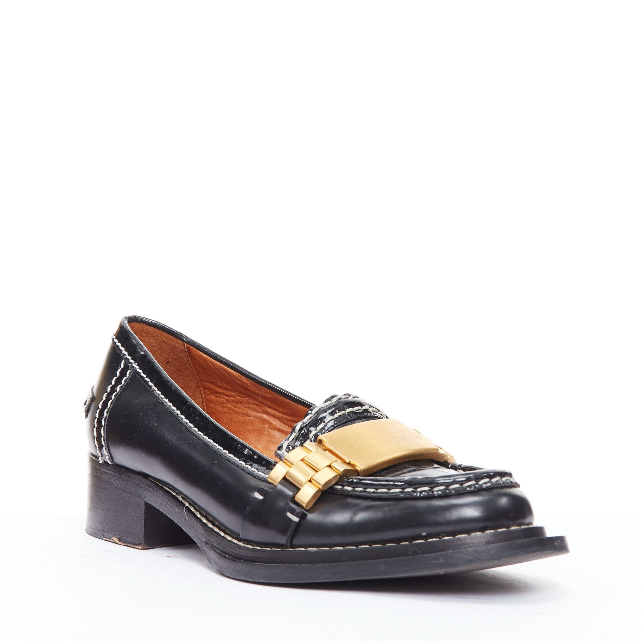 Acne Studios ACNE STUDIOS Penny Watch gold buckle black topstitch loafers EU38 Size US 8 / IT 38 - 3 Thumbnail