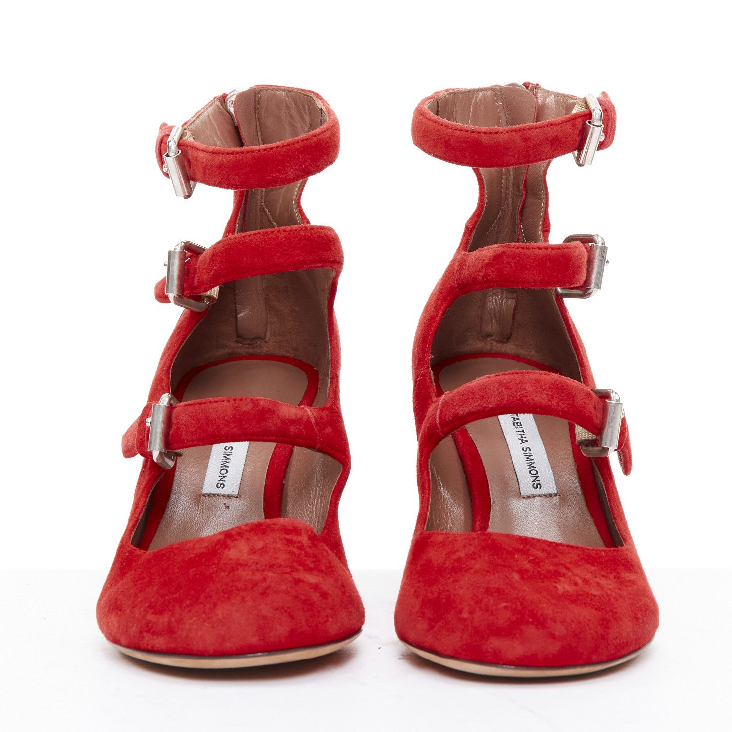 Tabitha Simmons TABITHA SIMMONS Moda red suede leather silver buckles strappy heels EU37 Size US 7 / IT 37 - 3 Thumbnail