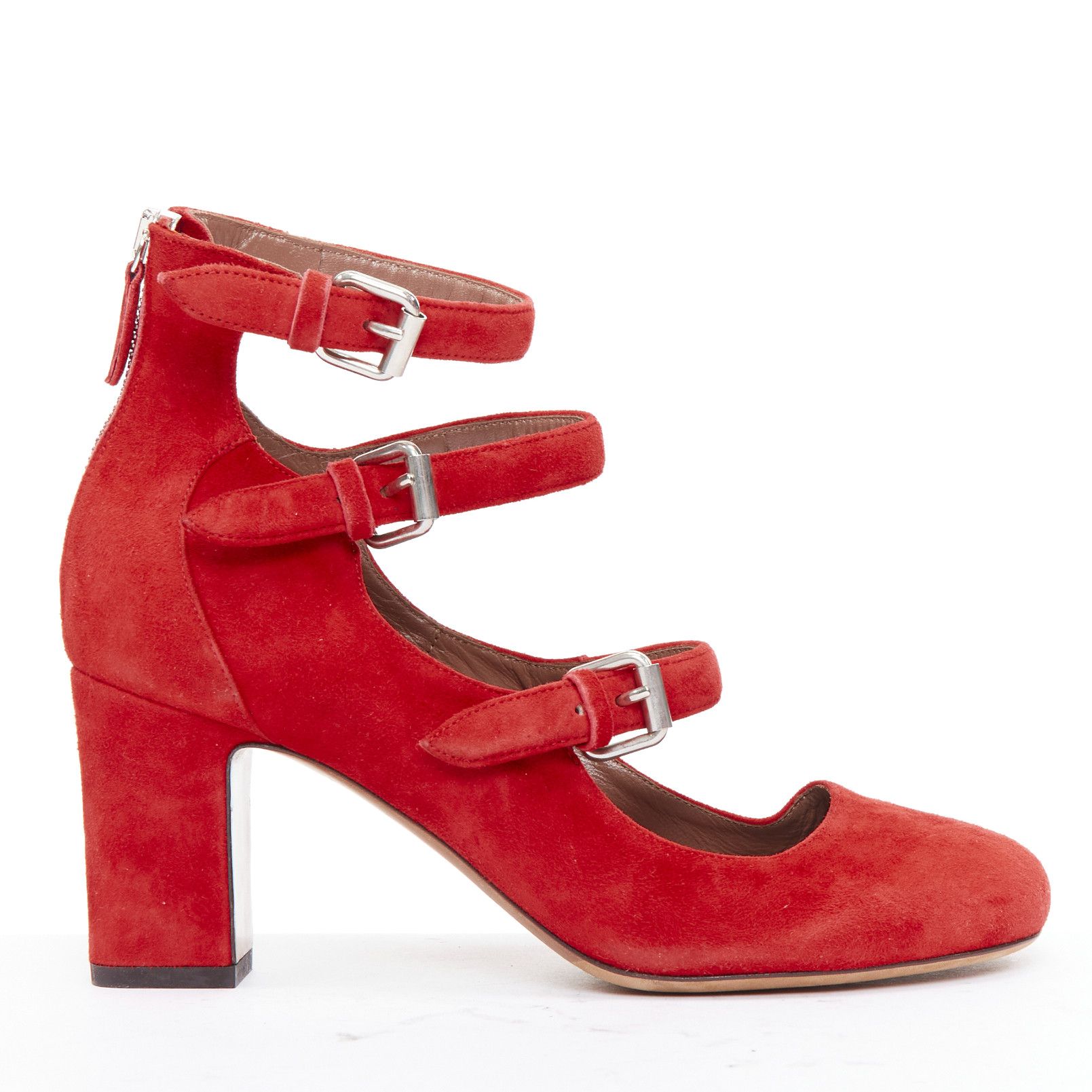 Tabitha Simmons TABITHA SIMMONS Moda red suede leather silver buckles strappy heels EU37 Size US 7 / IT 37 - 2 Thumbnail