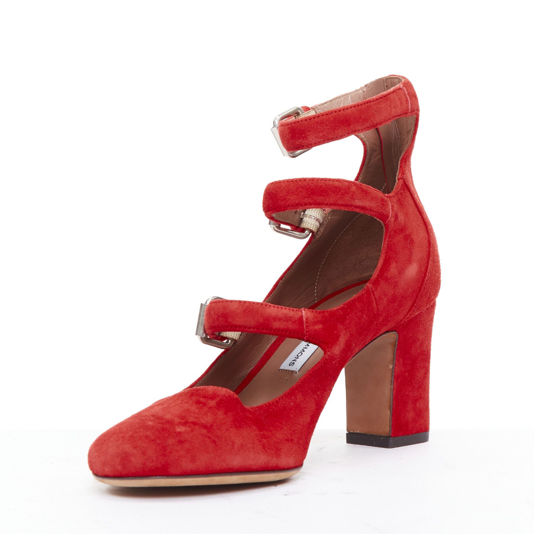 Tabitha Simmons TABITHA SIMMONS Moda red suede leather silver buckles strappy heels EU37 Size US 7 / IT 37 - 4 Thumbnail