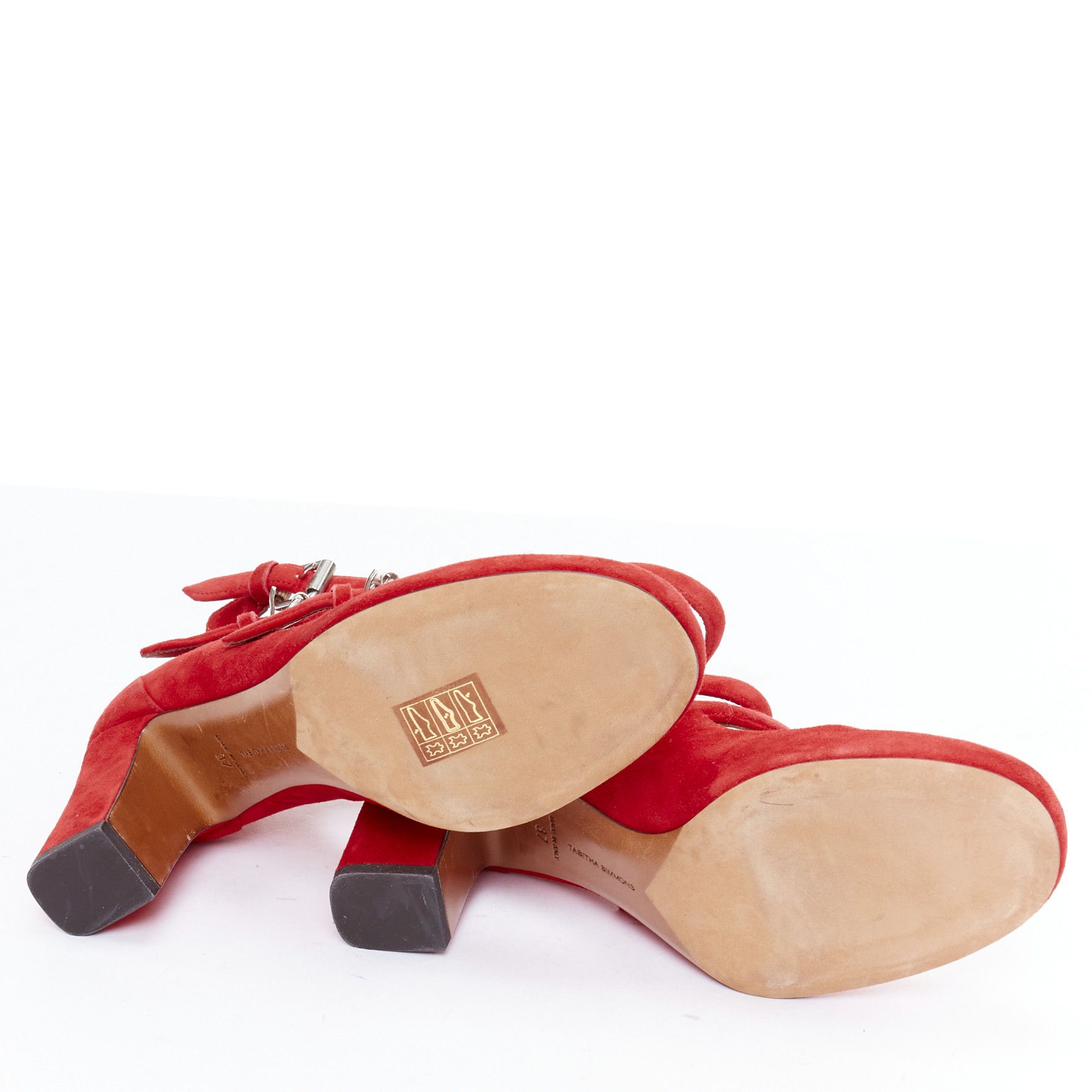 Tabitha Simmons TABITHA SIMMONS Moda red suede leather silver buckles strappy heels EU37 Size US 7 / IT 37 - 11 Thumbnail