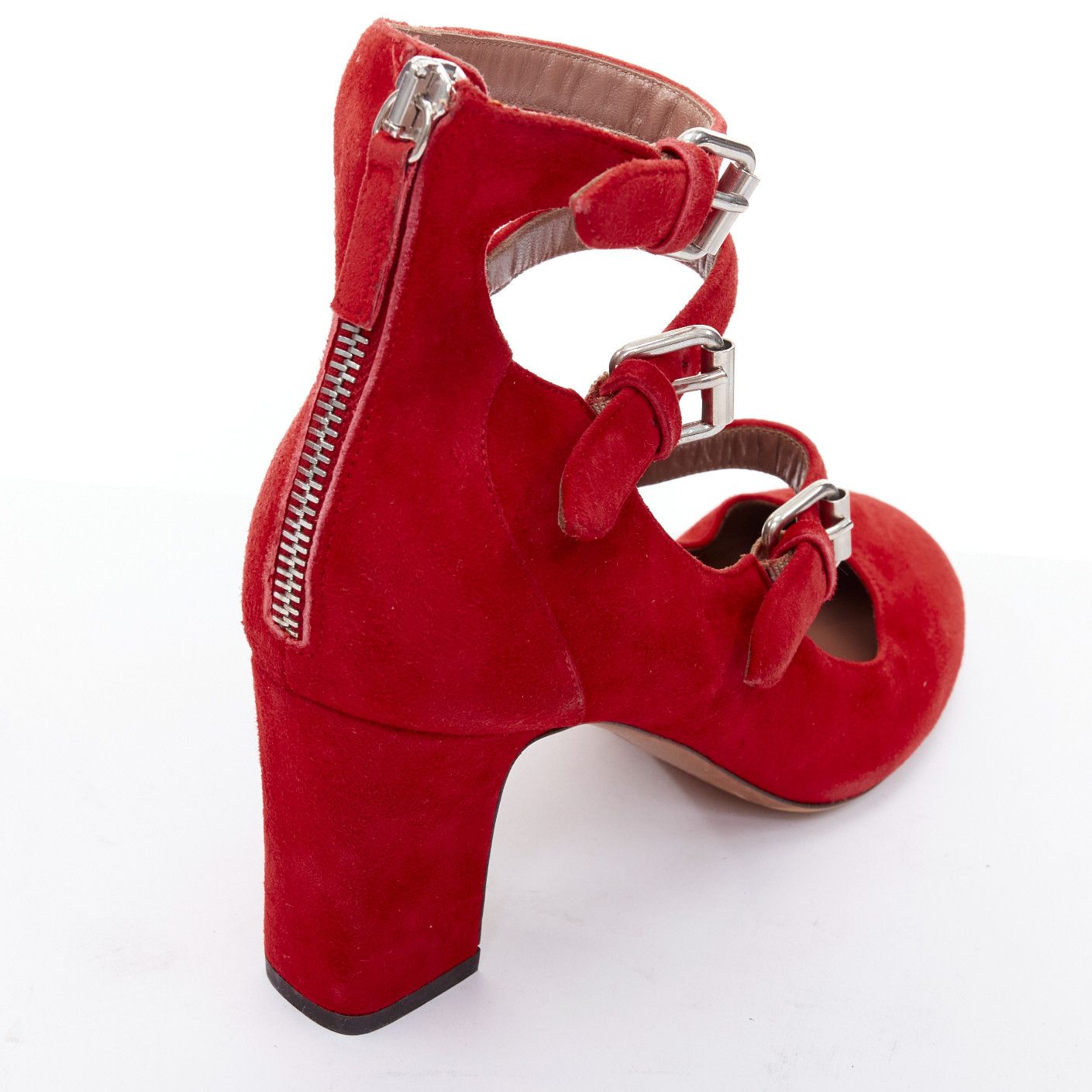 Tabitha Simmons TABITHA SIMMONS Moda red suede leather silver buckles strappy heels EU37 Size US 7 / IT 37 - 8 Thumbnail
