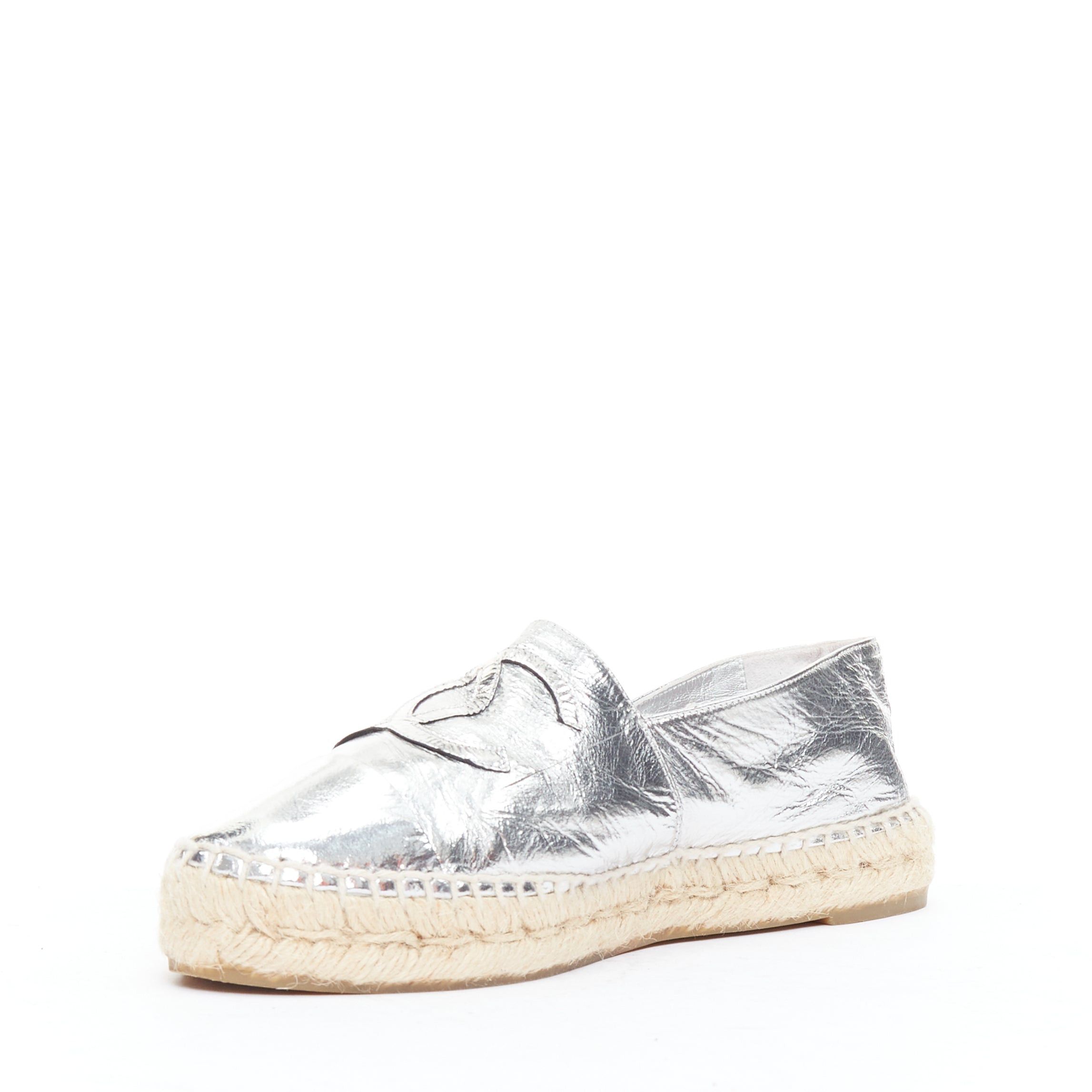 Chanel CHANEL metallic silver laminated goatskin CC logo jute espadrilles EU38 Size US 8 / IT 38 - 4 Thumbnail